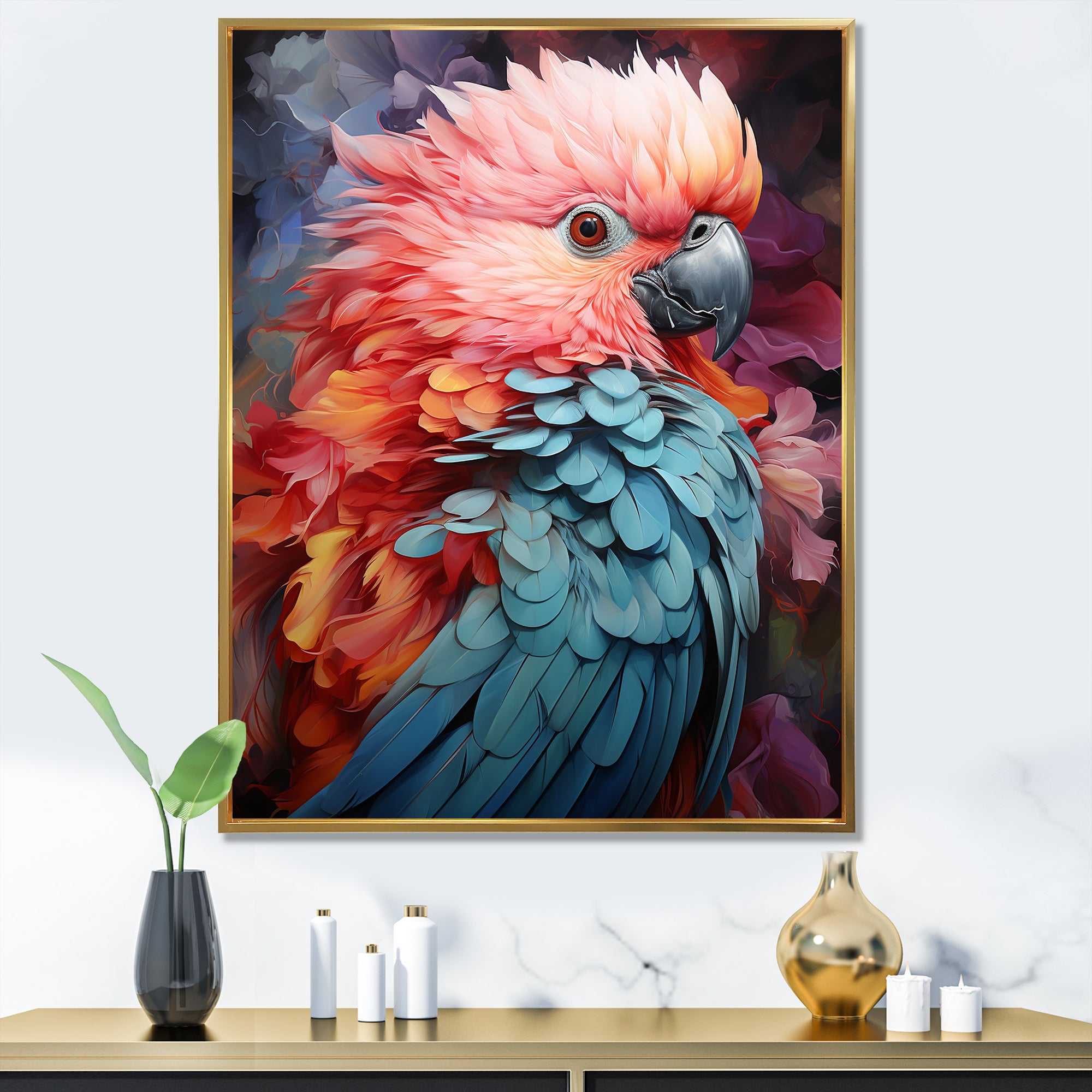 Pink And Blue Feathers Of Harmony Elegance - Parrot Living Room Wall Art
