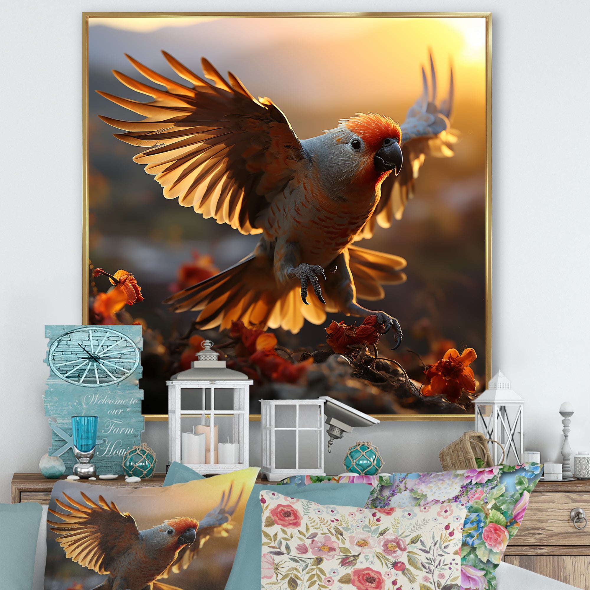 Yellow Parrots Sunset Golden Flight - Parrot Canvas Wall Art