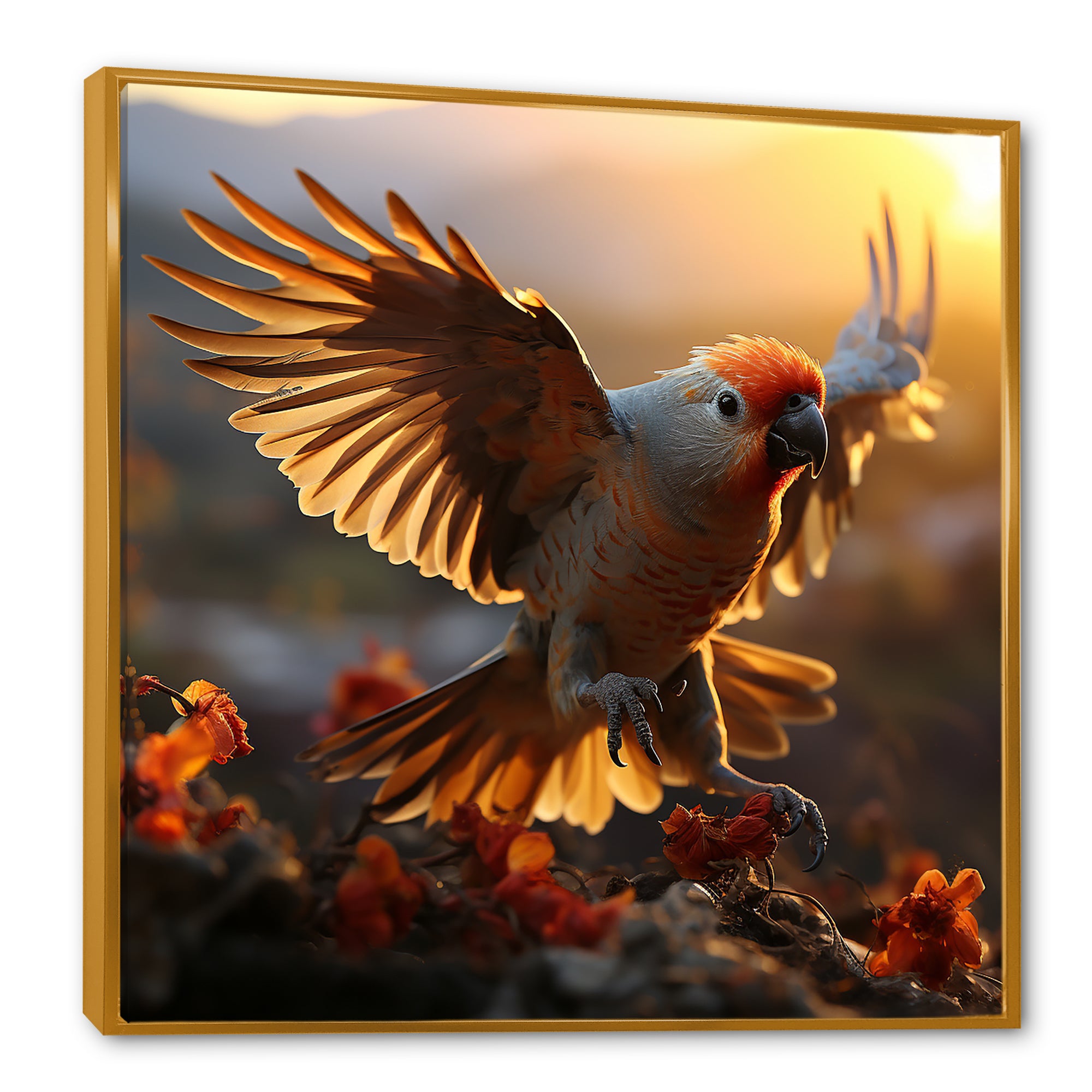 Yellow Parrots Sunset Golden Flight - Parrot Canvas Wall Art