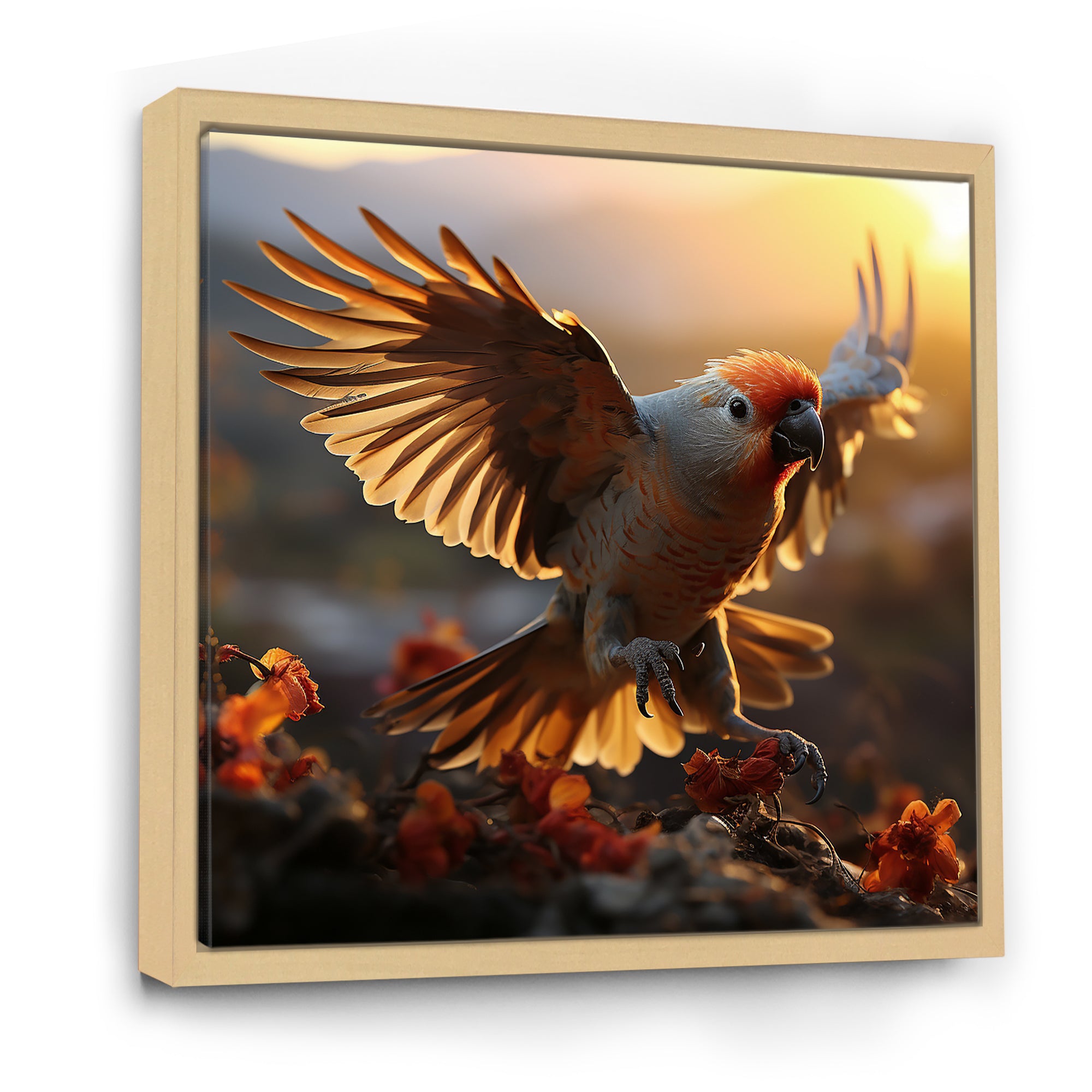Yellow Parrots Sunset Golden Flight - Parrot Canvas Wall Art