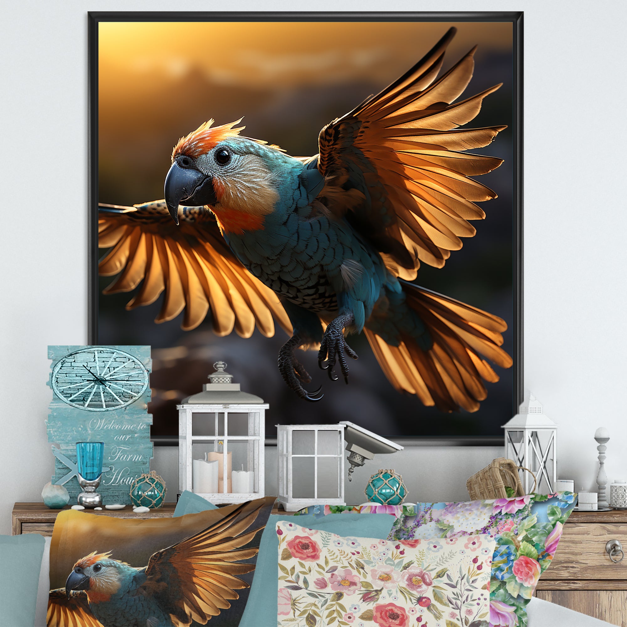 Blue Parrots Sunset Golden Flight - Parrot Wall Decor