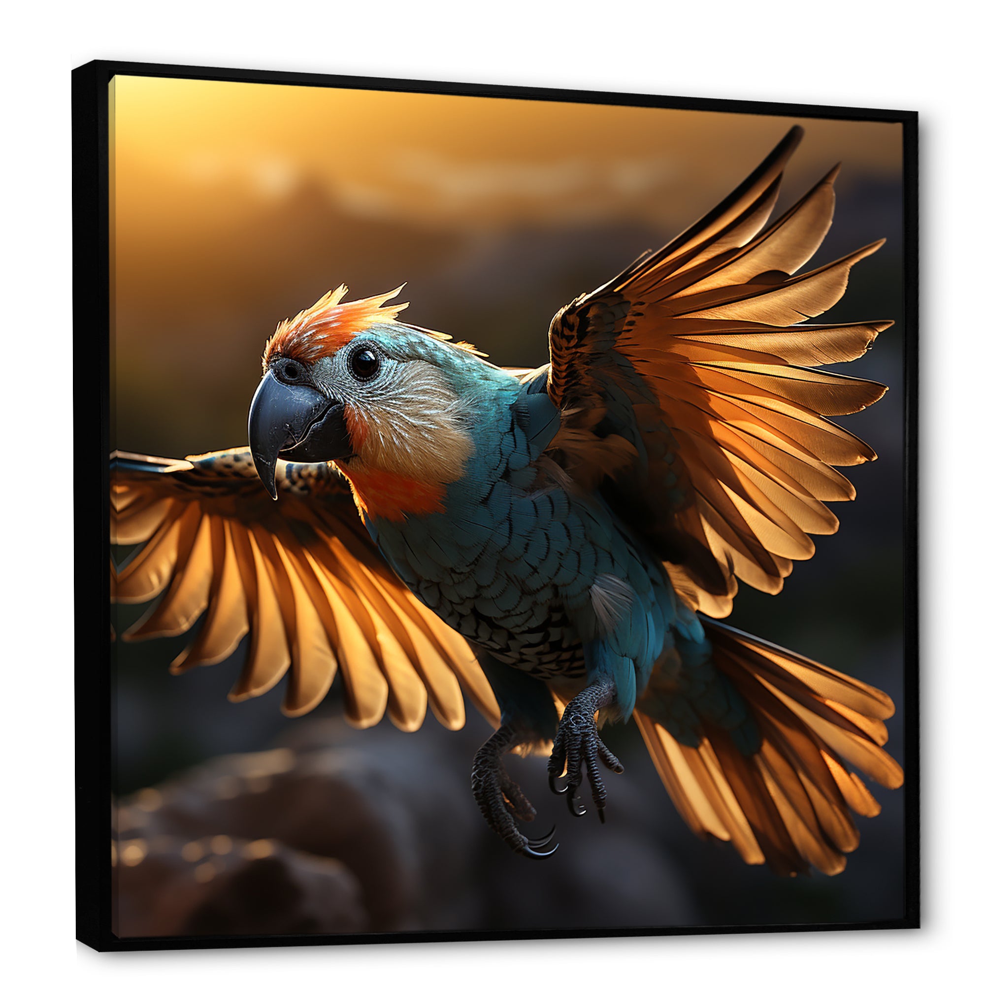 Blue Parrots Sunset Golden Flight - Parrot Wall Decor