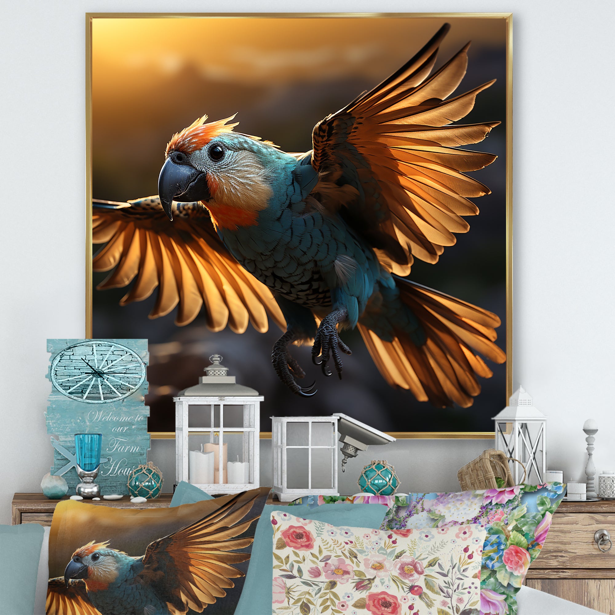 Blue Parrots Sunset Golden Flight - Parrot Wall Decor