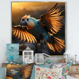 Blue Parrots Sunset Golden Flight - Parrot Wall Decor
