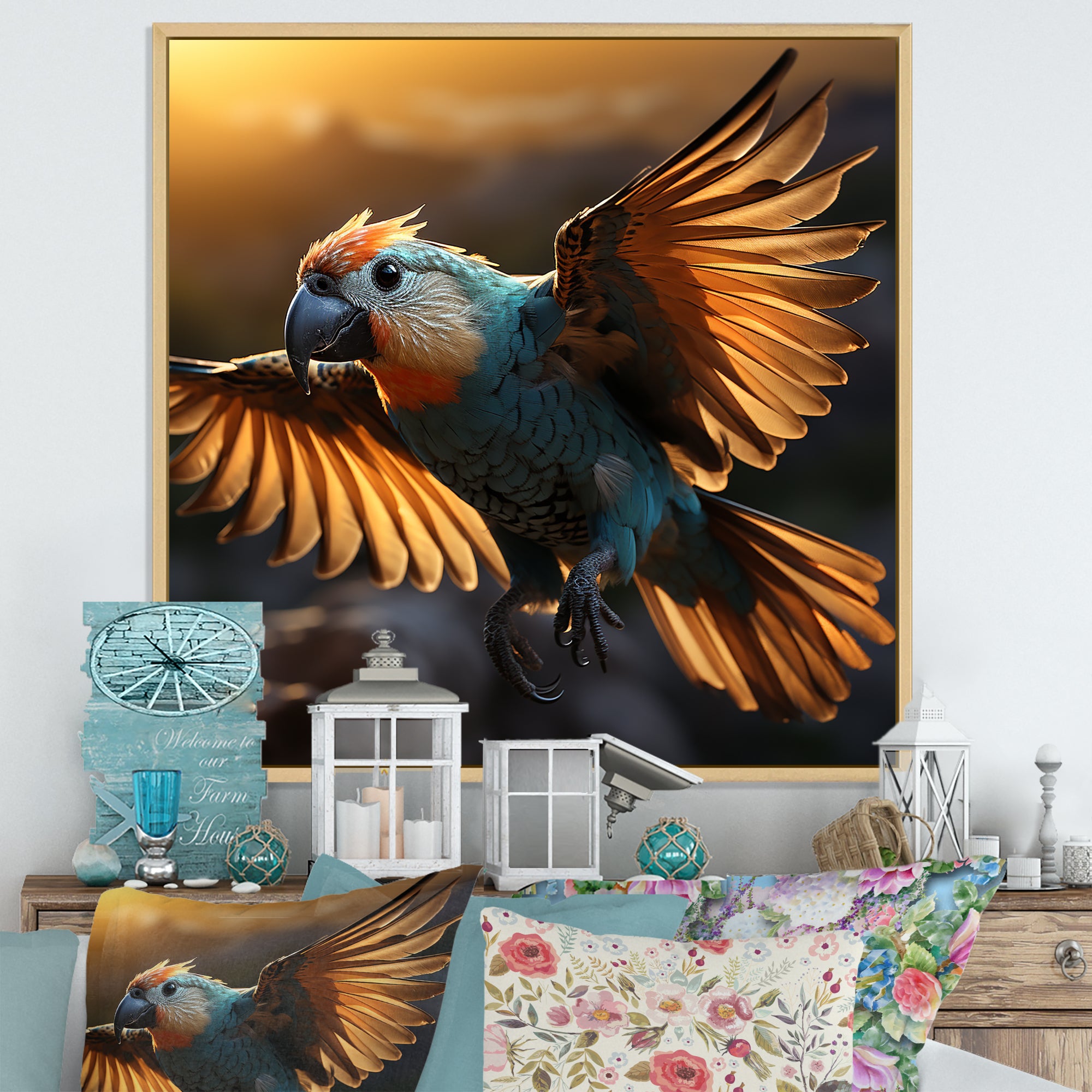 Blue Parrots Sunset Golden Flight - Parrot Wall Decor