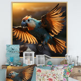 Blue Parrots Sunset Golden Flight - Parrot Wall Decor
