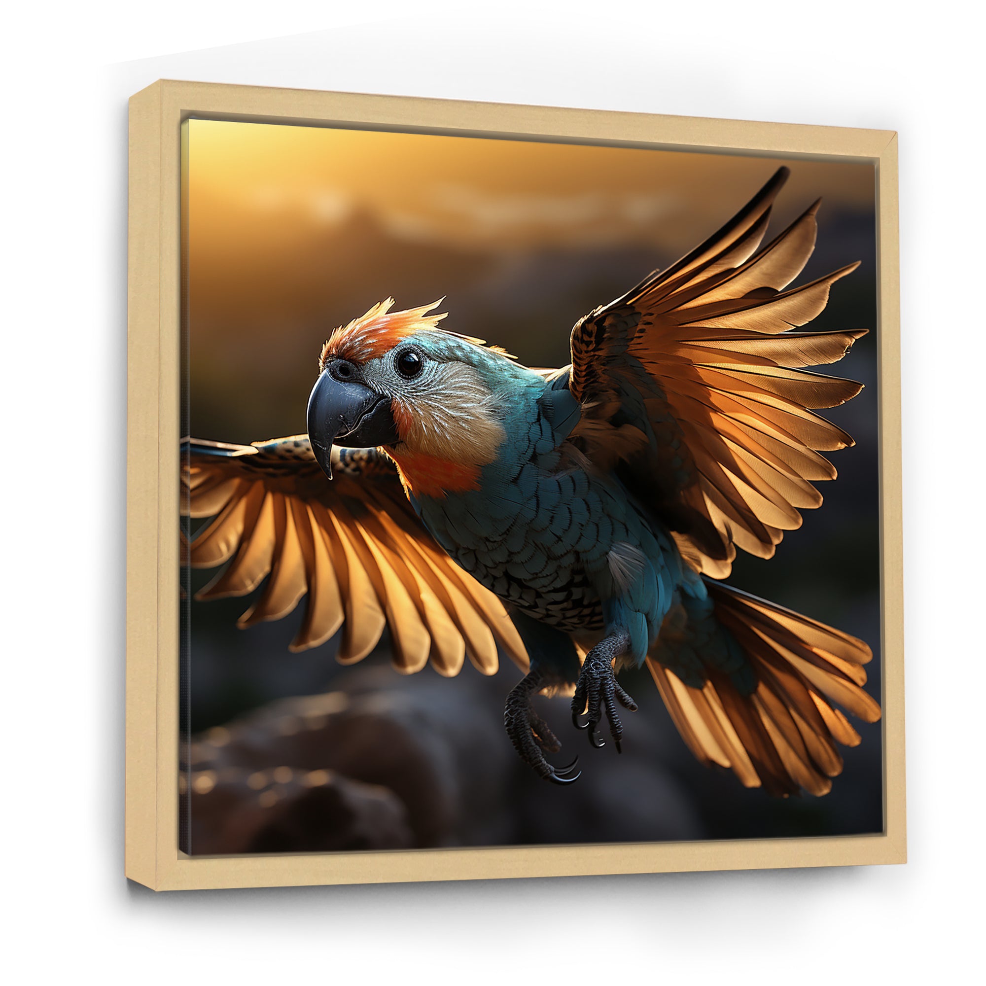 Blue Parrots Sunset Golden Flight - Parrot Wall Decor