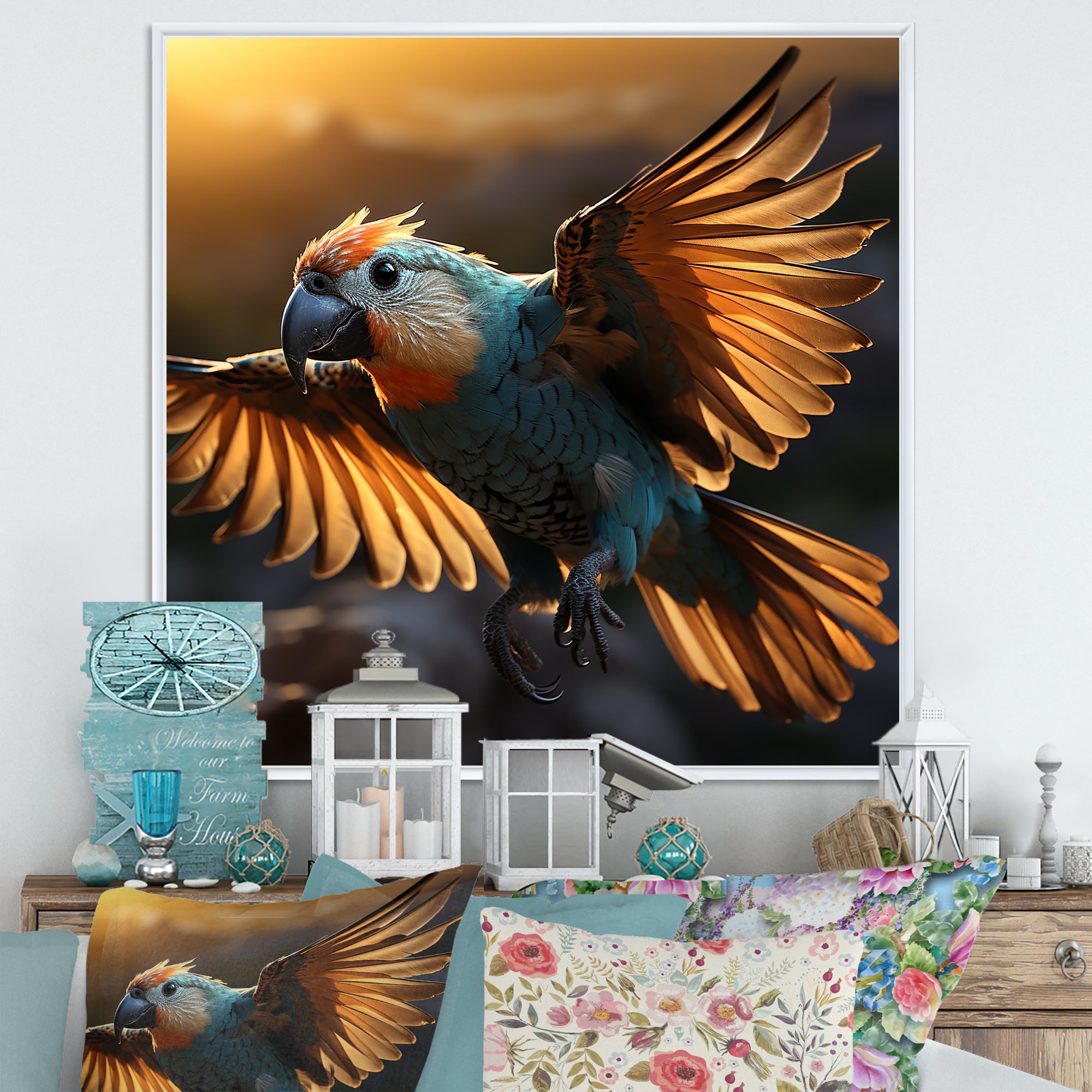 Blue Parrots Sunset Golden Flight - Parrot Wall Decor