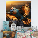Blue Parrots Sunset Golden Flight - Parrot Wall Decor