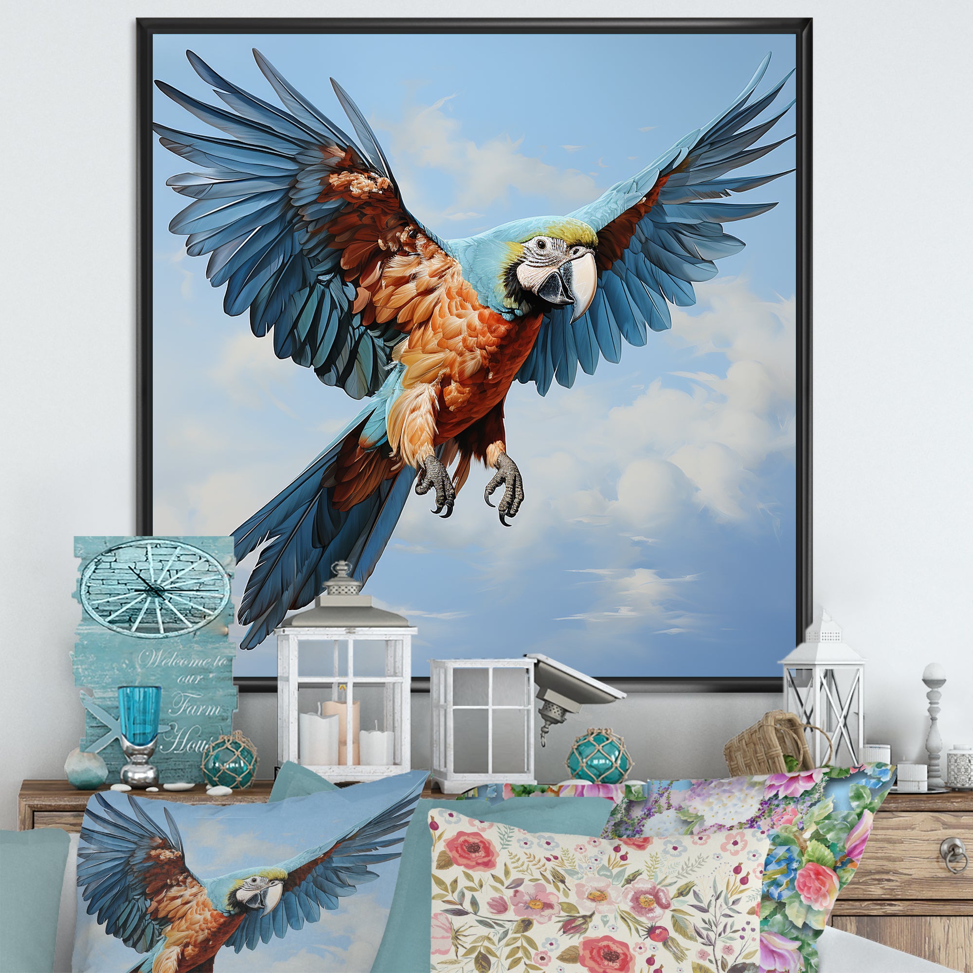 Parrots Harmony In Flight Elegance - Blue Parrot Wall Art