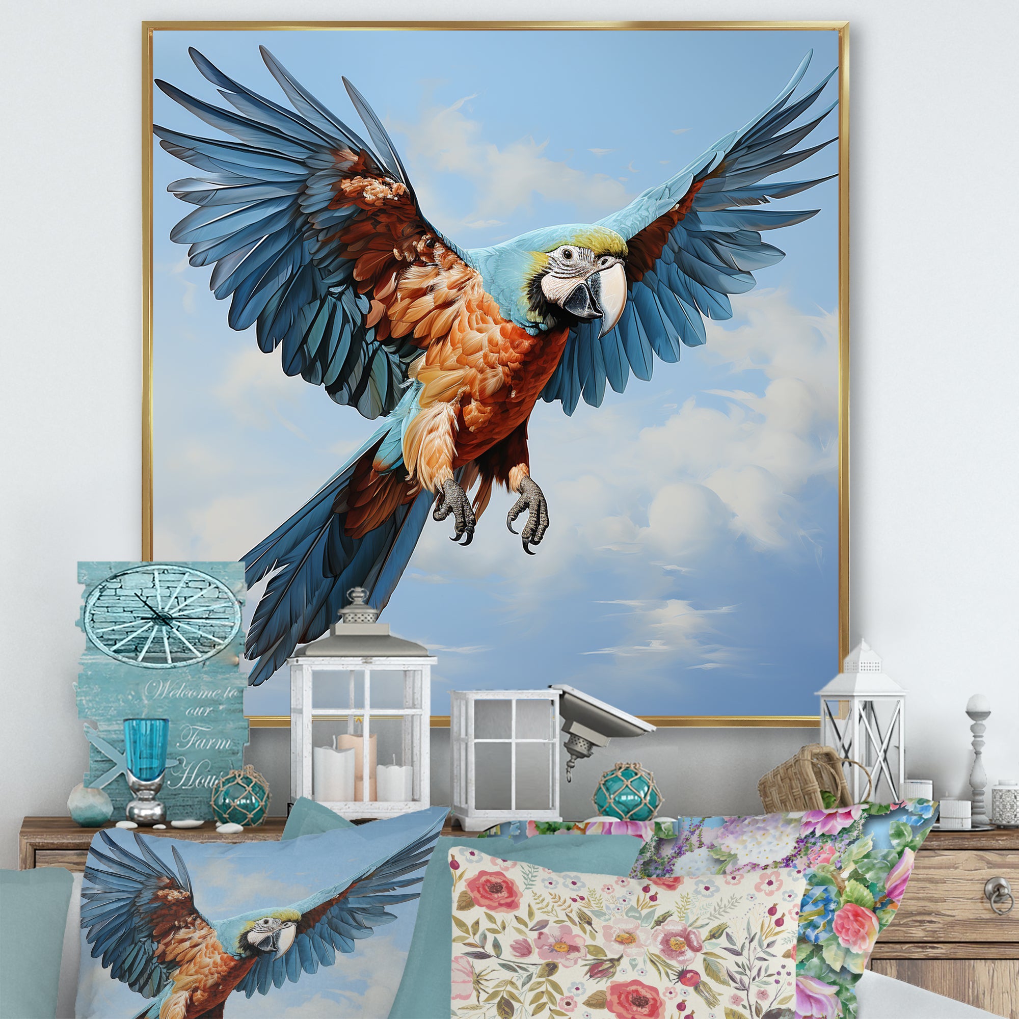 Parrots Harmony In Flight Elegance - Blue Parrot Wall Art