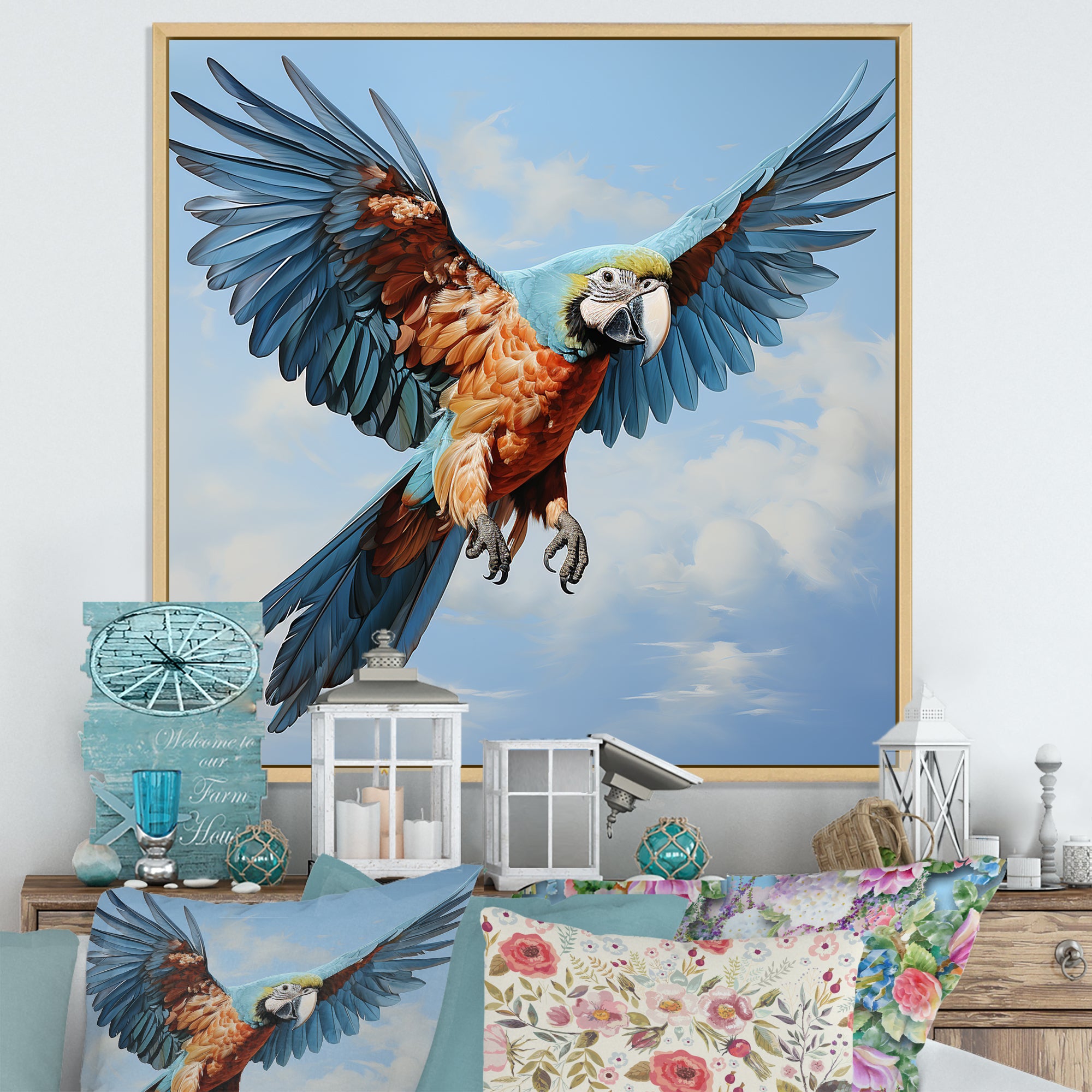Parrots Harmony In Flight Elegance - Blue Parrot Wall Art