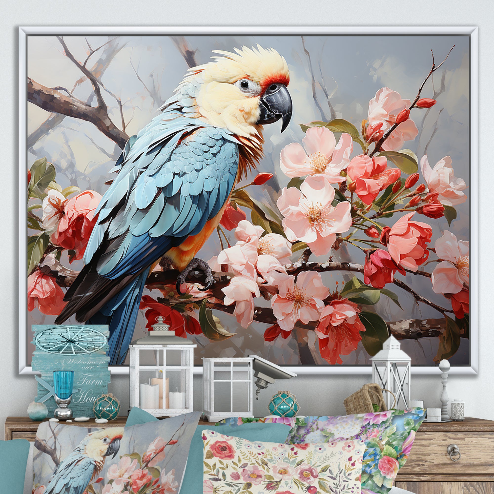 Blue Parrots Exotic Feathered Grace - Parrot Home Decor Art