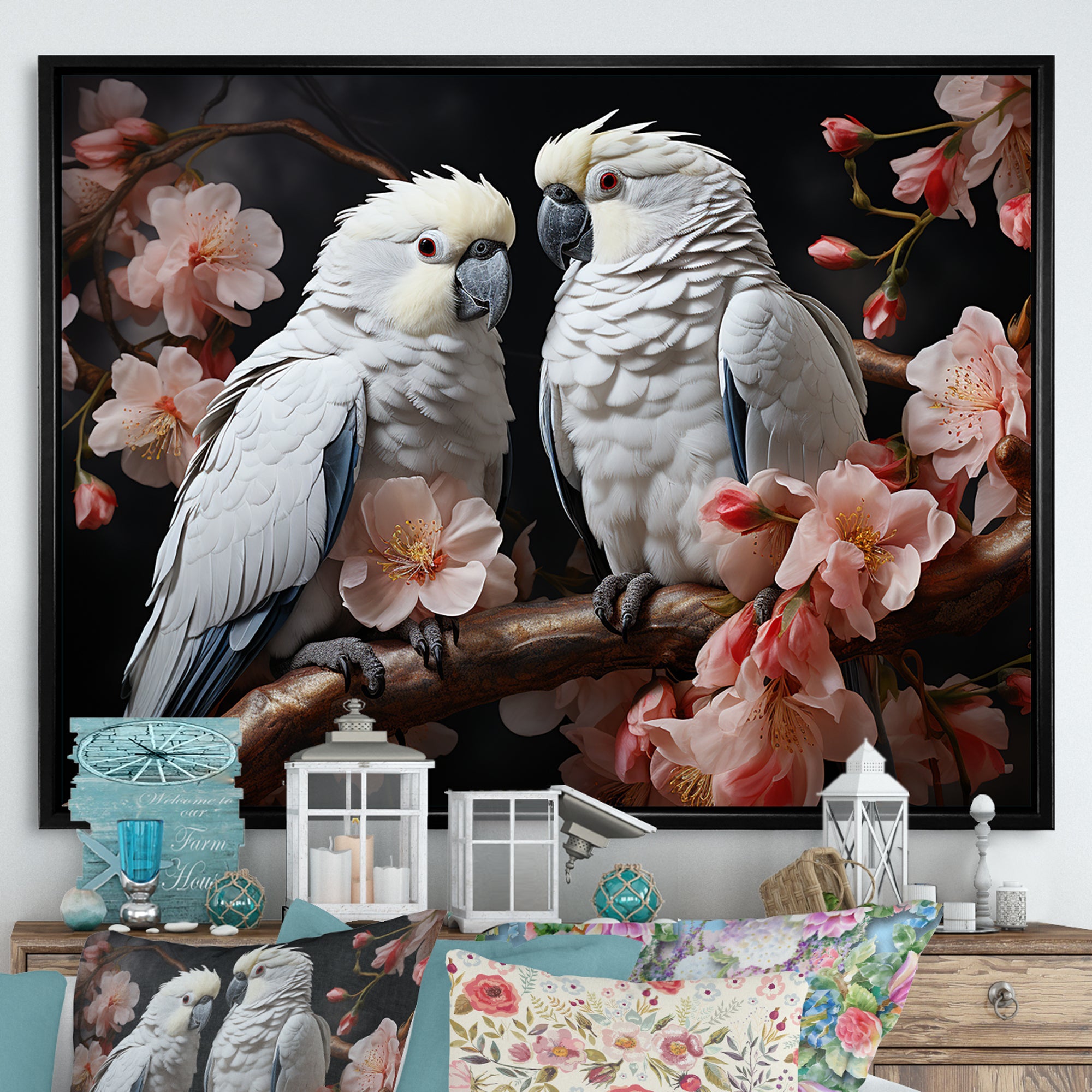 White Parrots Jungle Harmonics - Parrot Bedroom Wall Art