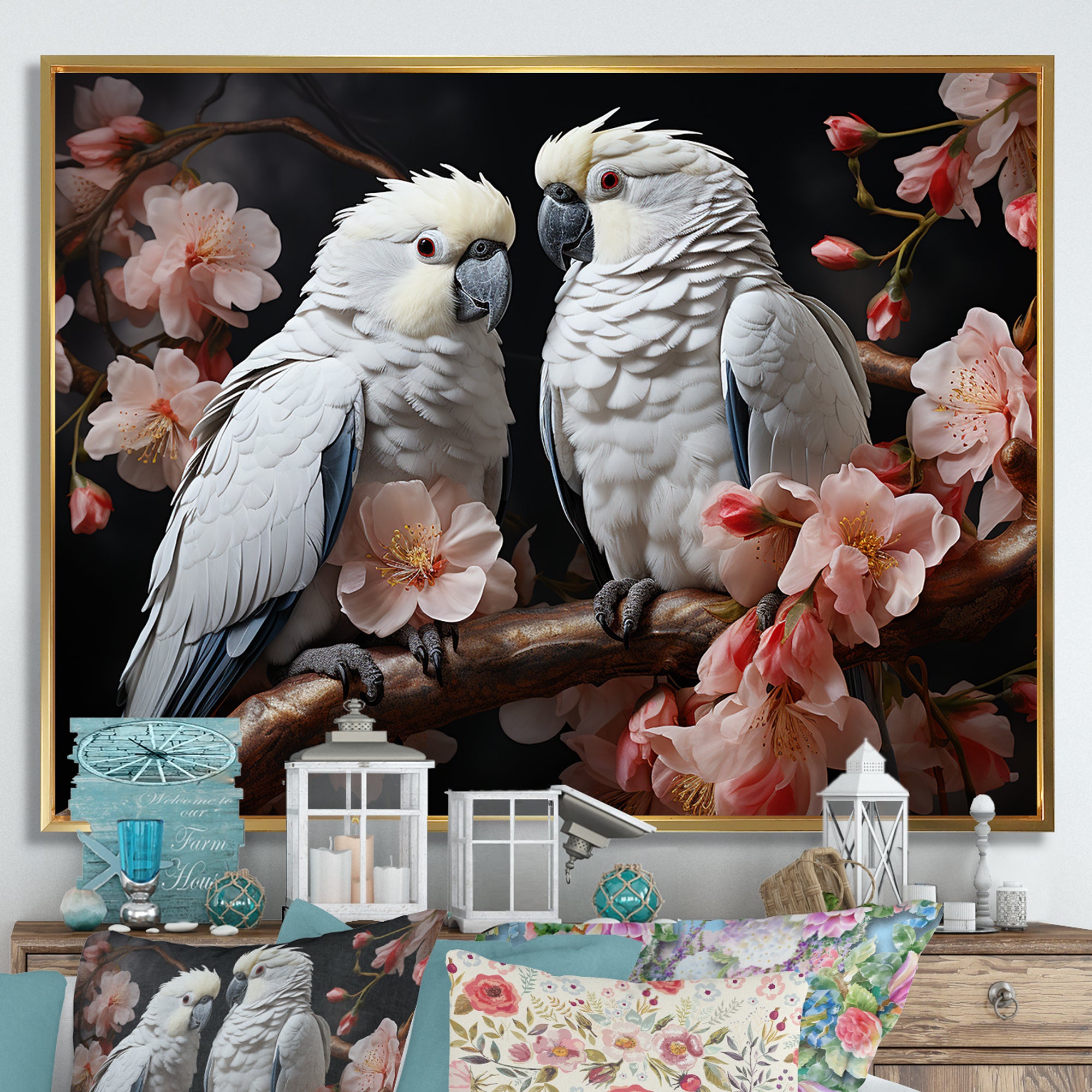 White Parrots Jungle Harmonics - Parrot Bedroom Wall Art
