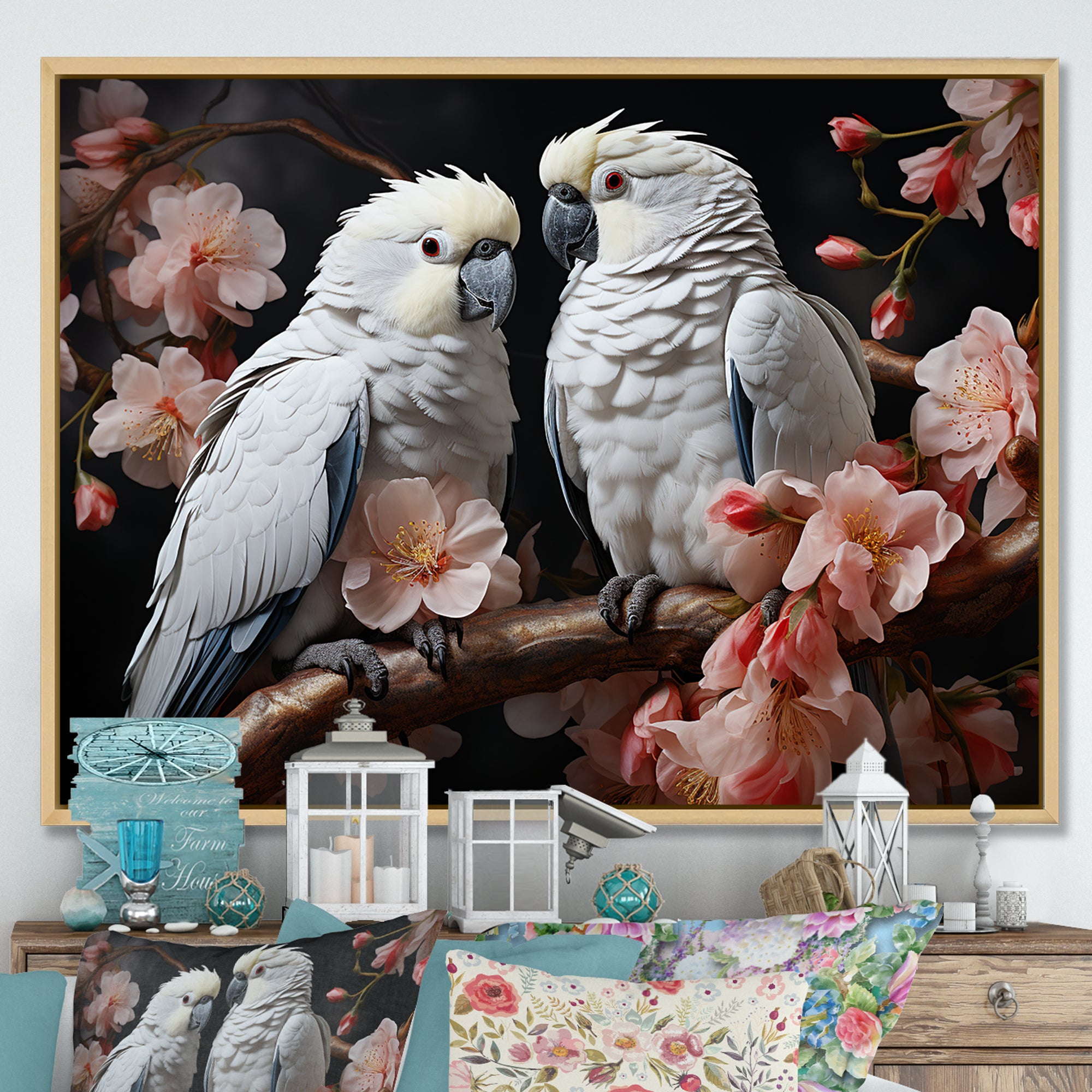 White Parrots Jungle Harmonics - Parrot Bedroom Wall Art