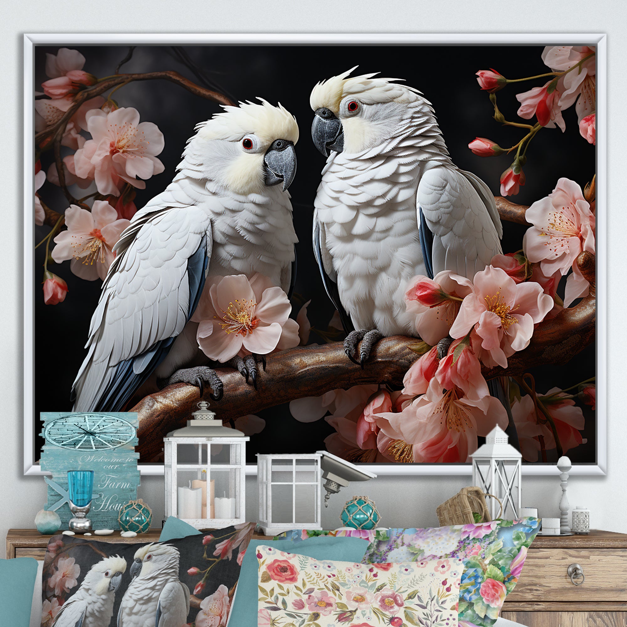 White Parrots Jungle Harmonics - Parrot Bedroom Wall Art
