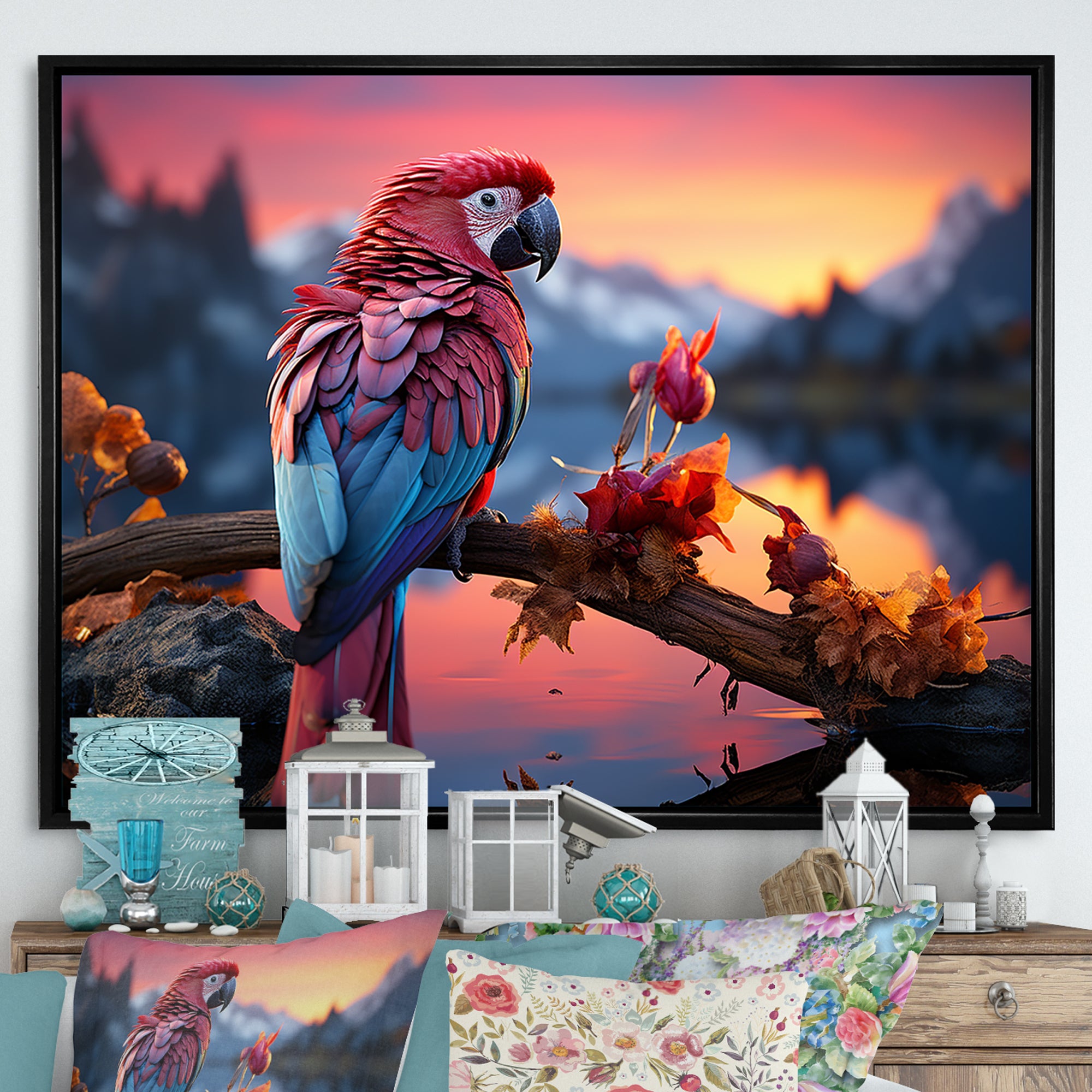 Red And Blue Parrots Radiant Plumage Sunset - Red Parrot Wall Art