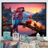 Red And Blue Parrots Radiant Plumage Sunset - Red Parrot Wall Art