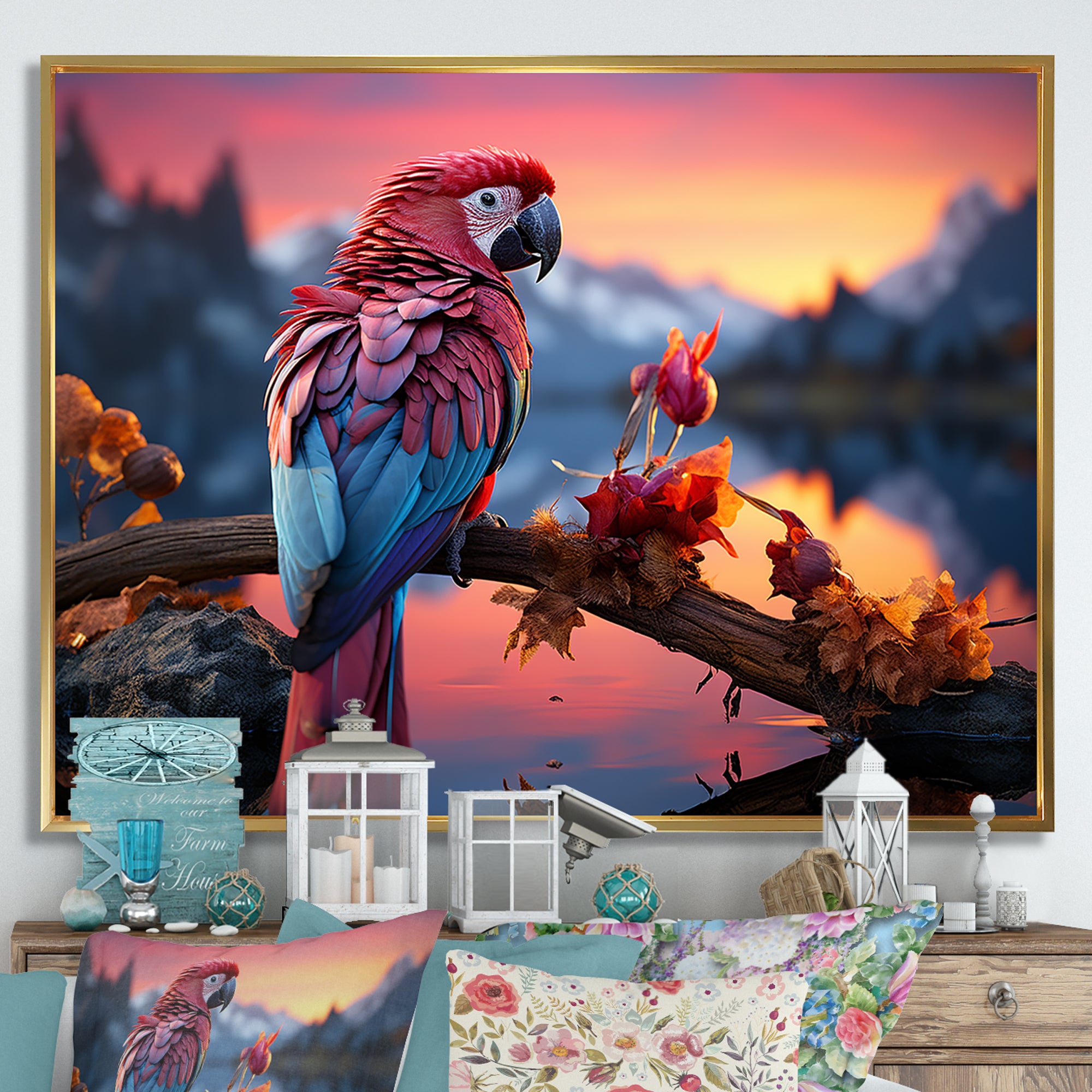 Red And Blue Parrots Radiant Plumage Sunset - Red Parrot Wall Art