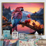 Red And Blue Parrots Radiant Plumage Sunset - Red Parrot Wall Art