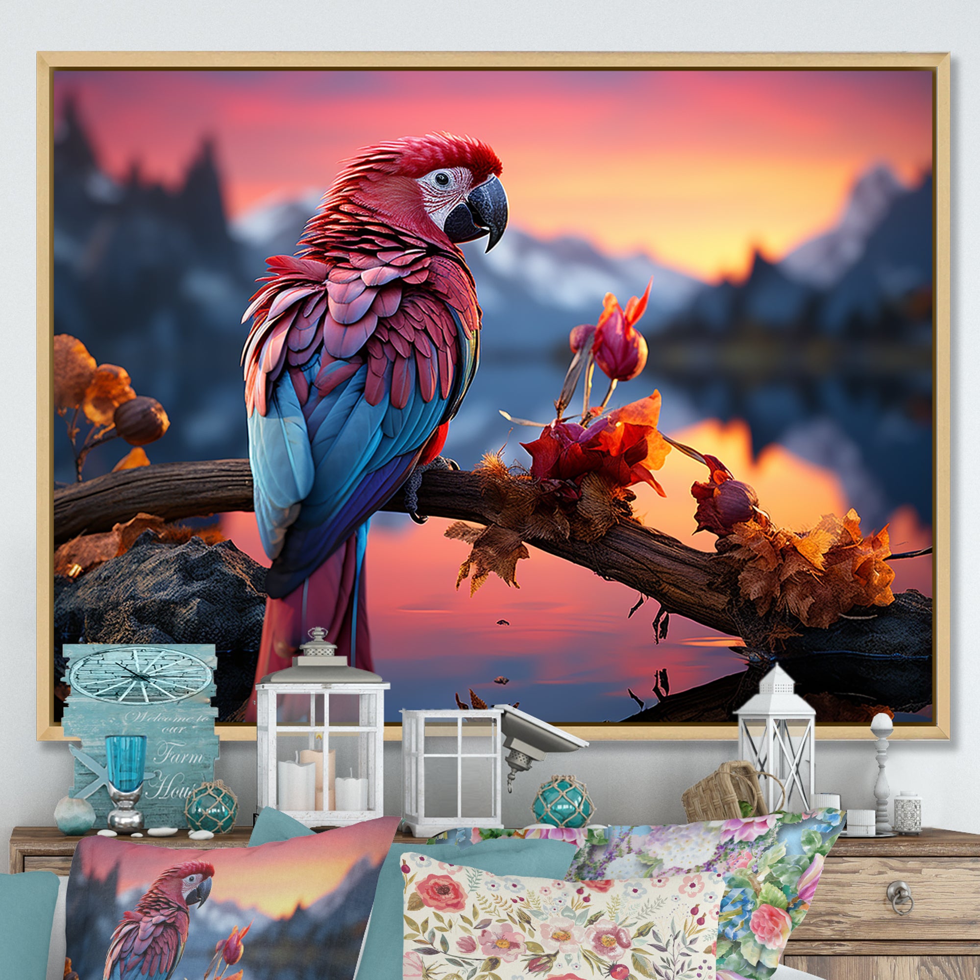 Red And Blue Parrots Radiant Plumage Sunset - Red Parrot Wall Art