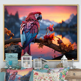 Red And Blue Parrots Radiant Plumage Sunset - Red Parrot Wall Art