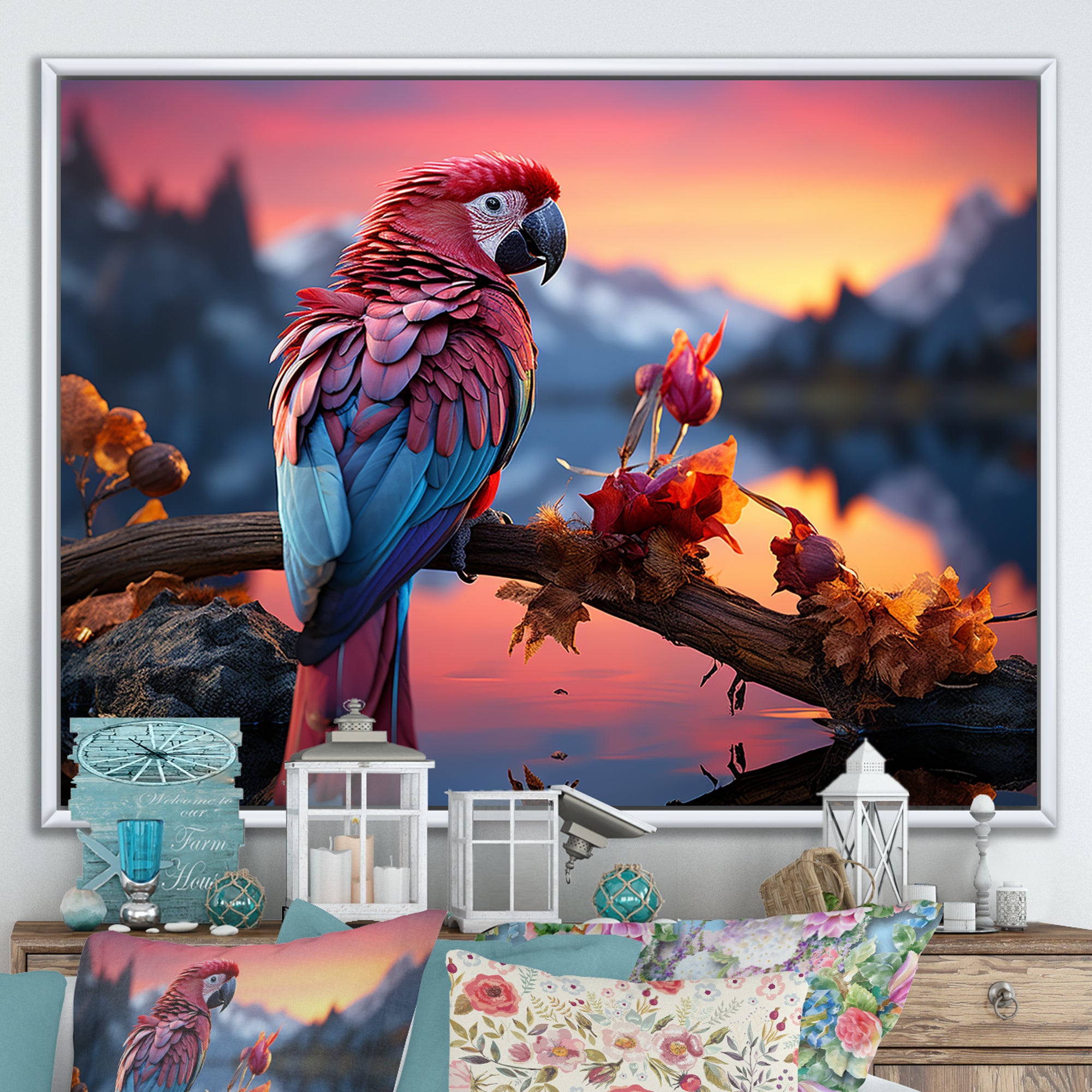 Red And Blue Parrots Radiant Plumage Sunset - Red Parrot Wall Art