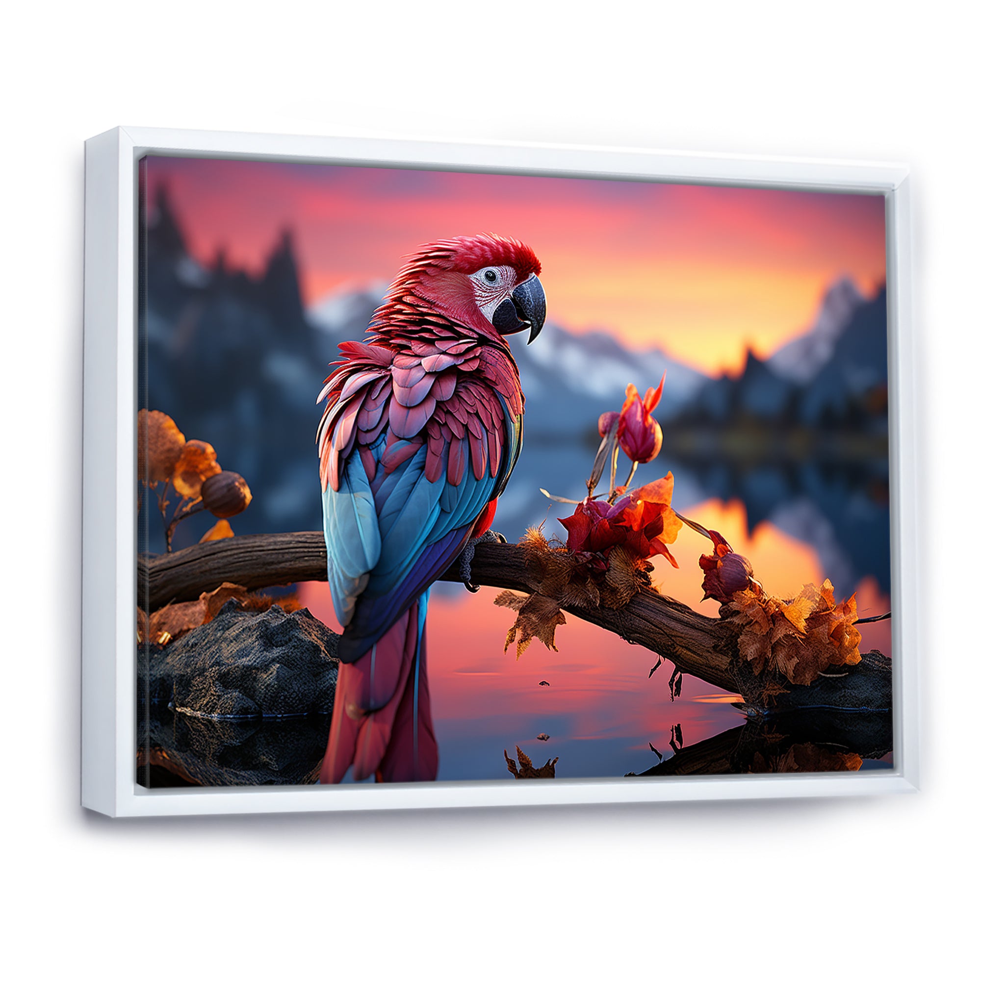 Red And Blue Parrots Radiant Plumage Sunset - Red Parrot Wall Art