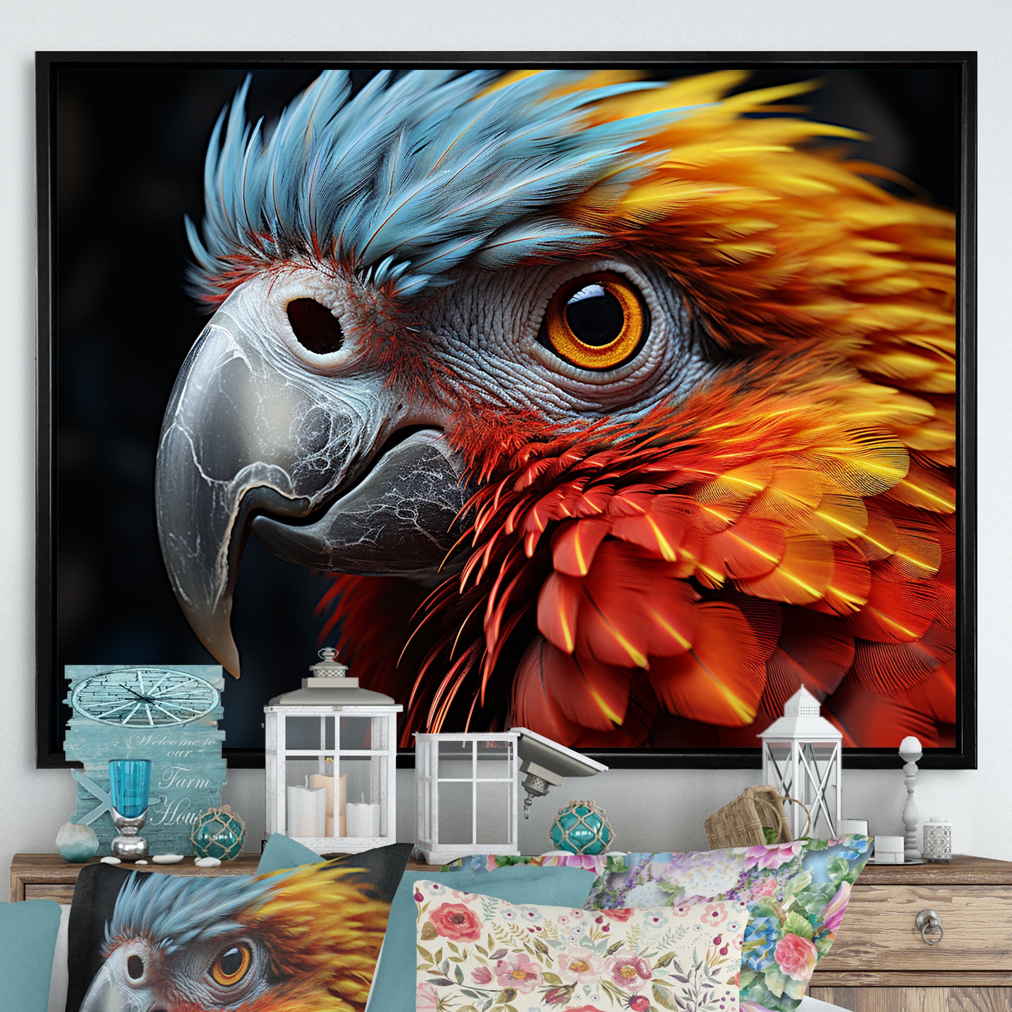 Red And Yellow Mystical Plumage Tropical Rhapsody - Parrot Bedroom Wall Art