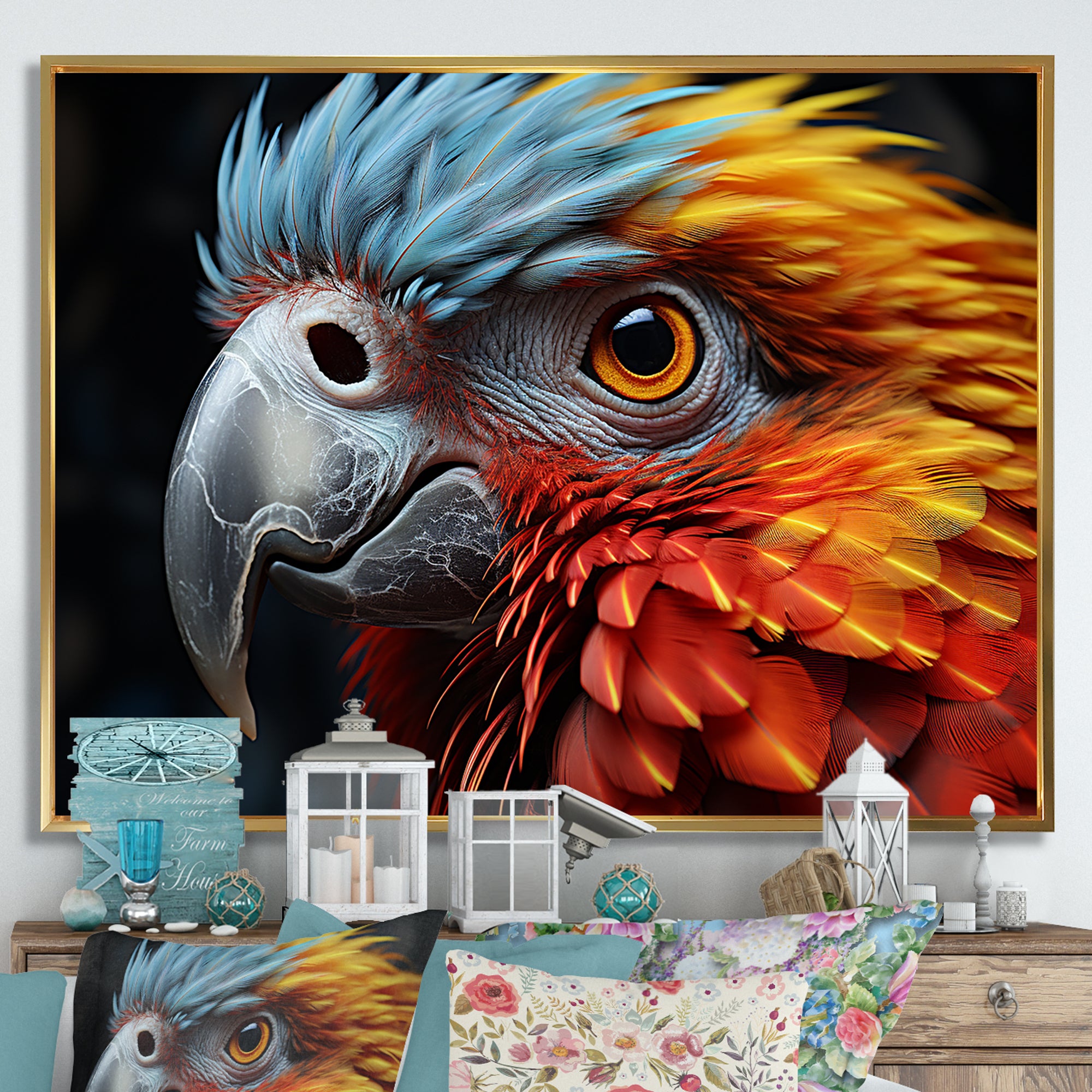 Red And Yellow Mystical Plumage Tropical Rhapsody - Parrot Bedroom Wall Art