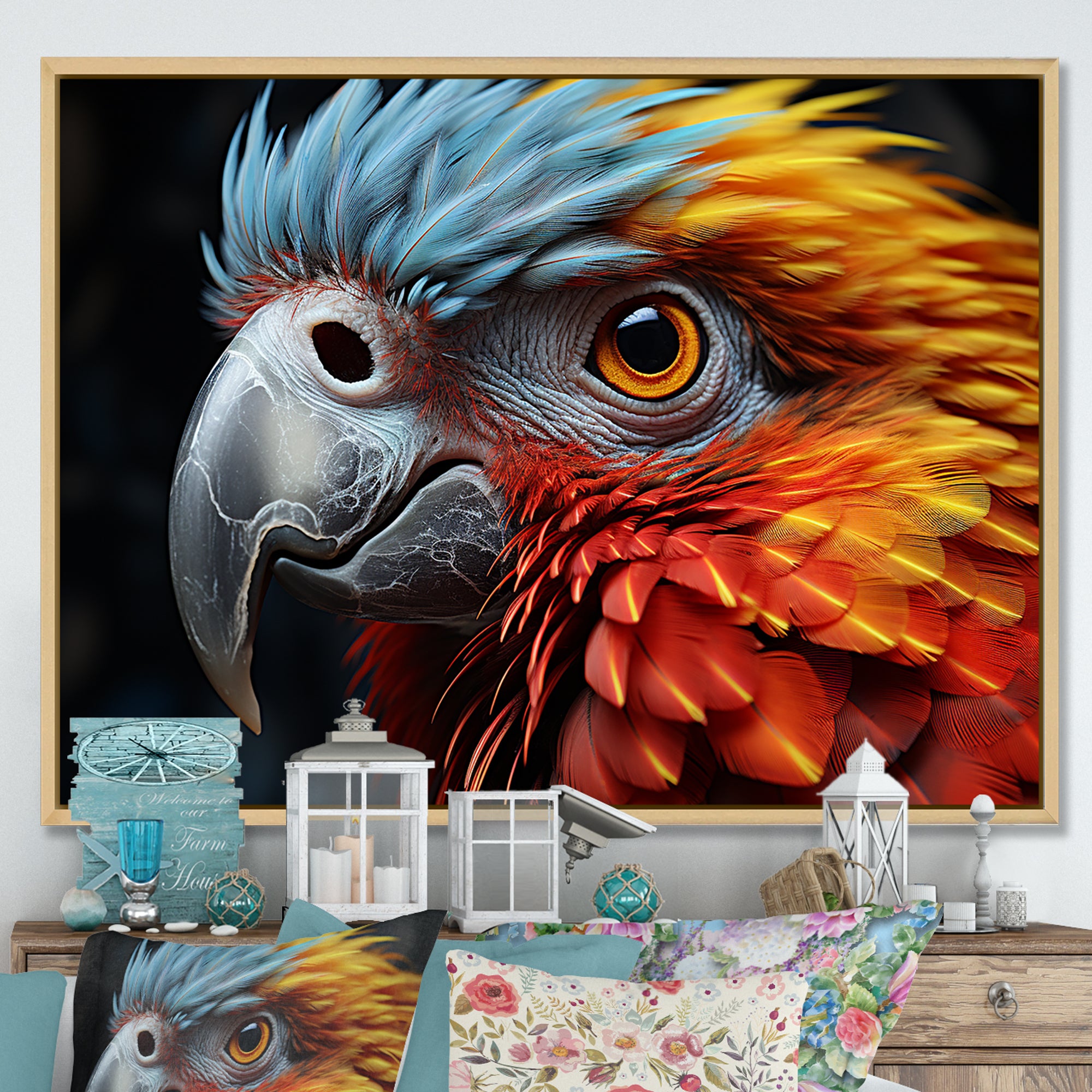 Red And Yellow Mystical Plumage Tropical Rhapsody - Parrot Bedroom Wall Art