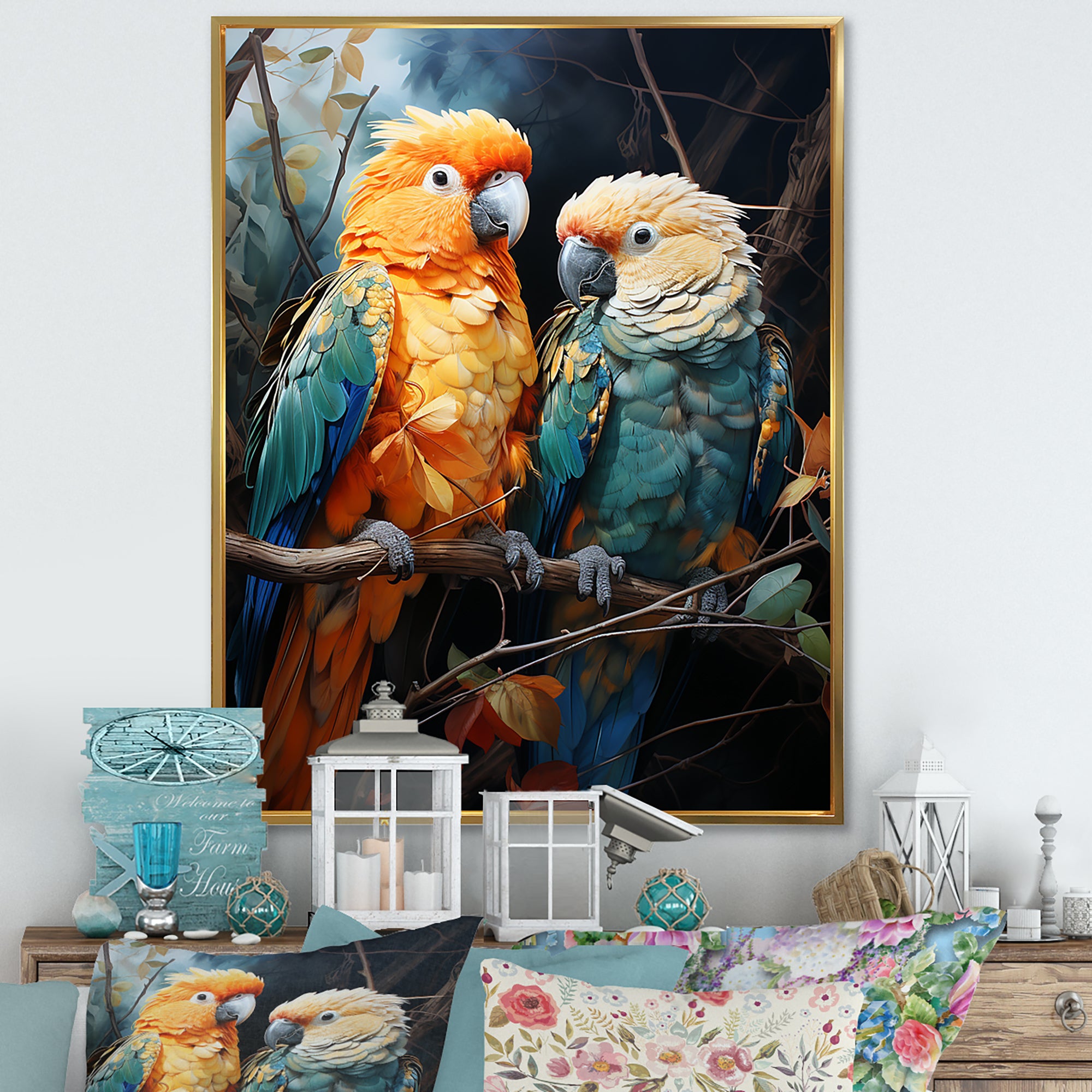 Yellow And Teal Parrot S Lively Radiance - Parrot Large Canvas Wall Art