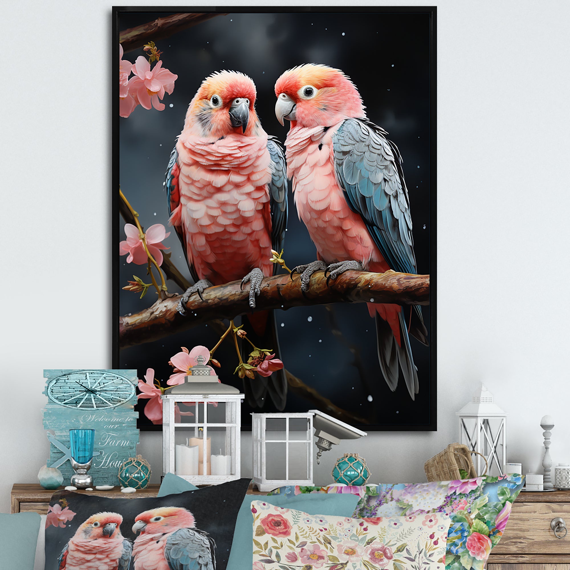 Whimsical Whispers Love Birds - Parrot Living Room Wall Art