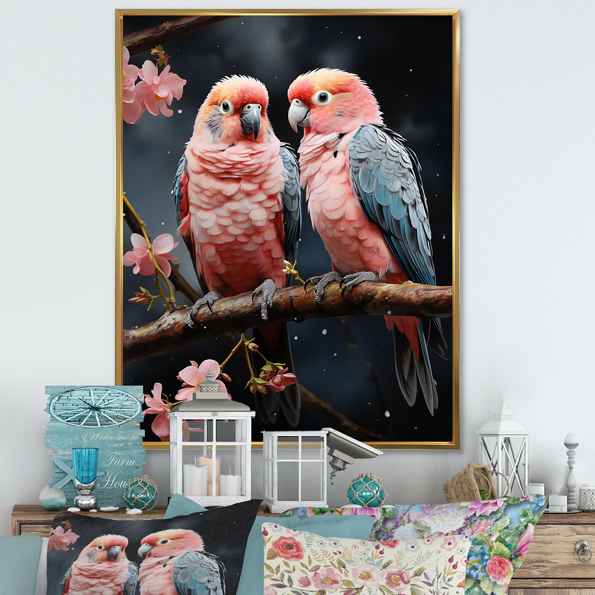 Whimsical Whispers Love Birds - Parrot Living Room Wall Art