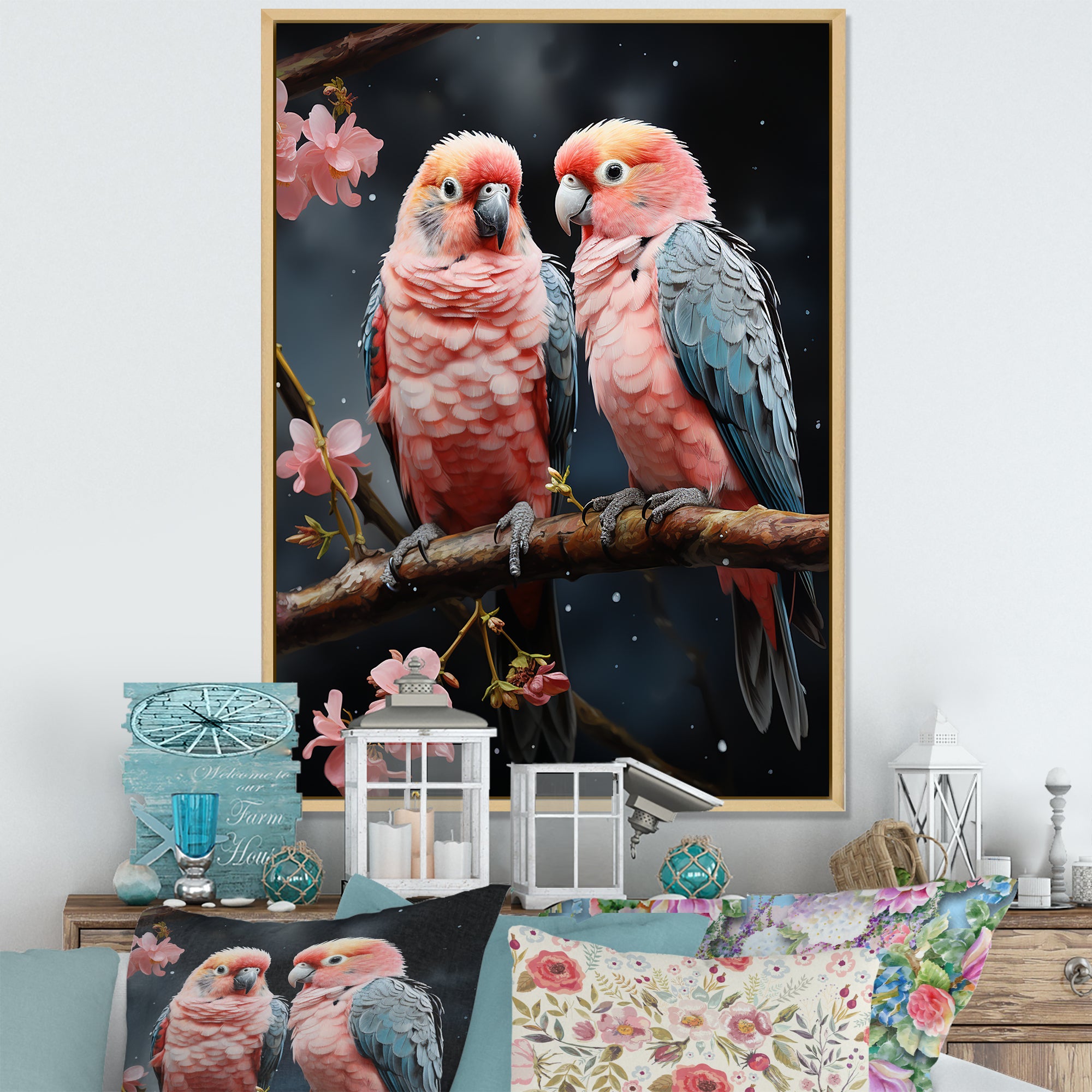 Whimsical Whispers Love Birds - Parrot Living Room Wall Art