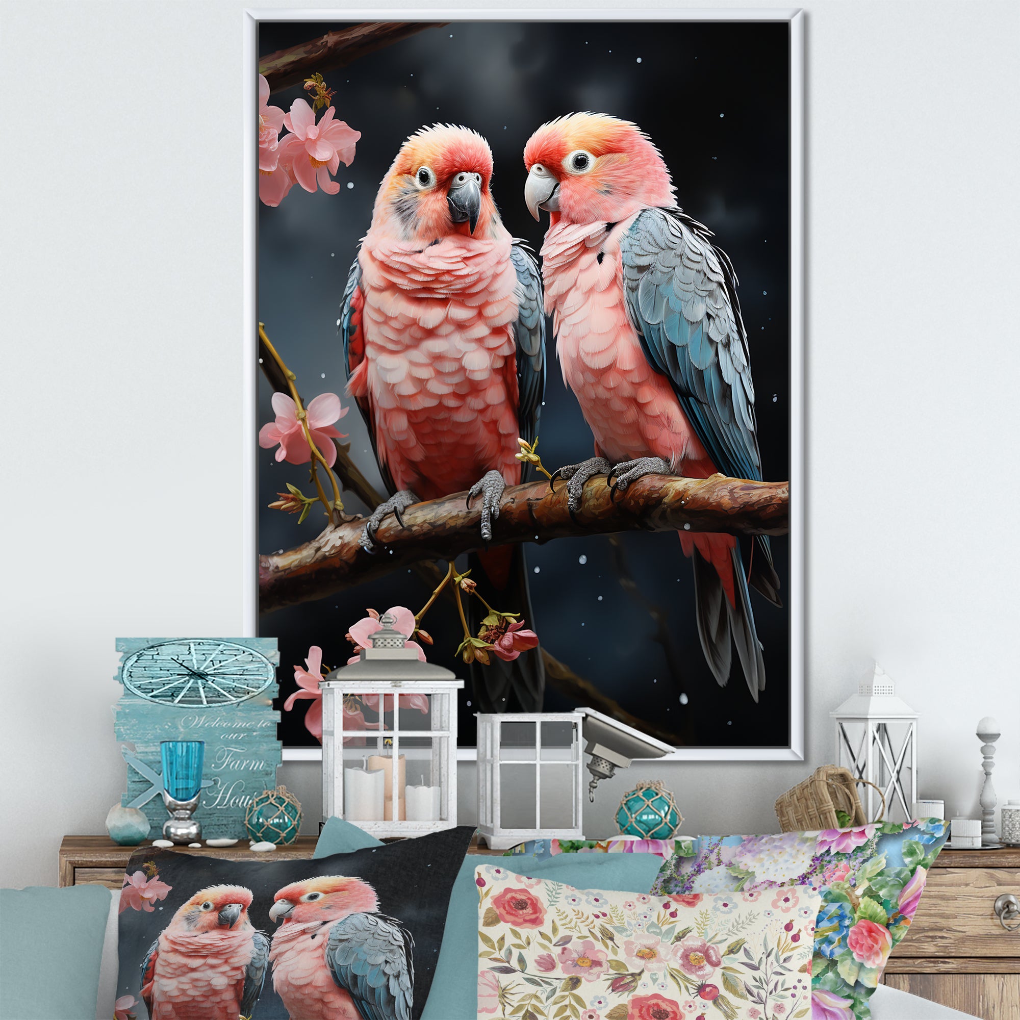 Whimsical Whispers Love Birds - Parrot Living Room Wall Art