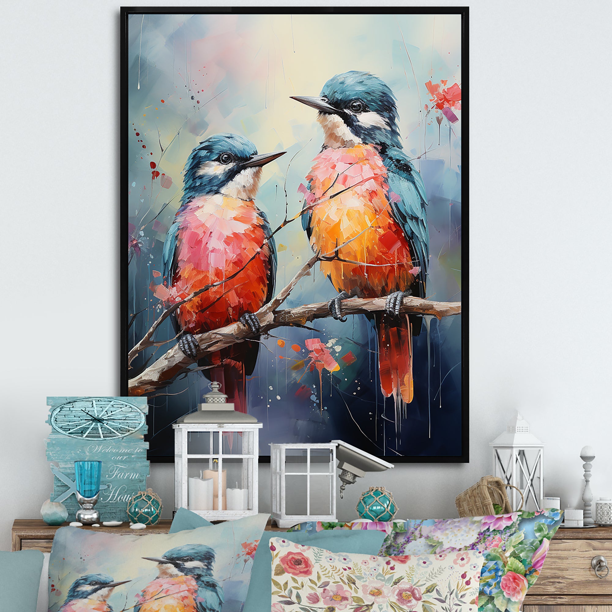 Blue And Coral Elegant Nature S Songbirds - Blue Bird Wall Art