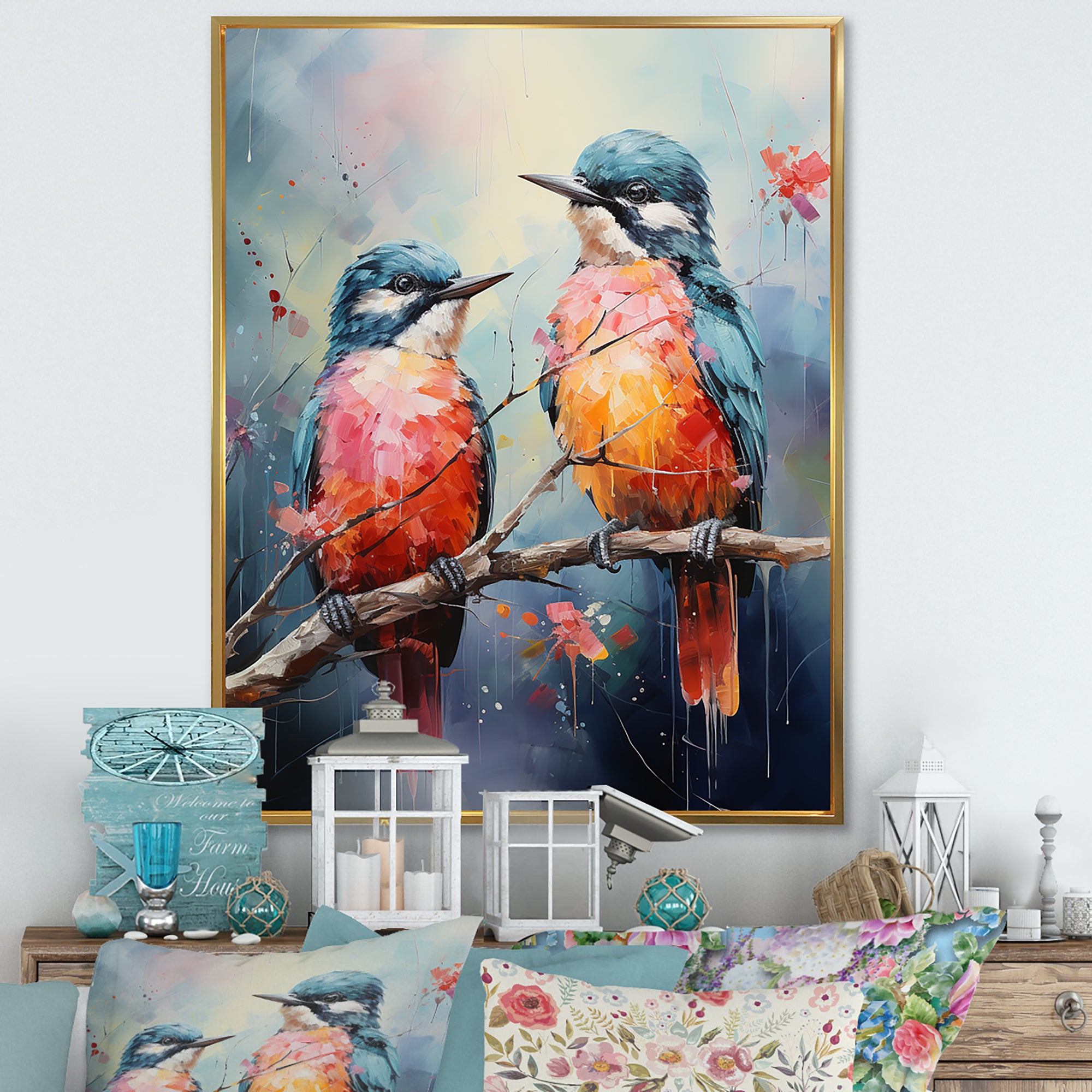 Blue And Coral Elegant Nature S Songbirds - Blue Bird Wall Art