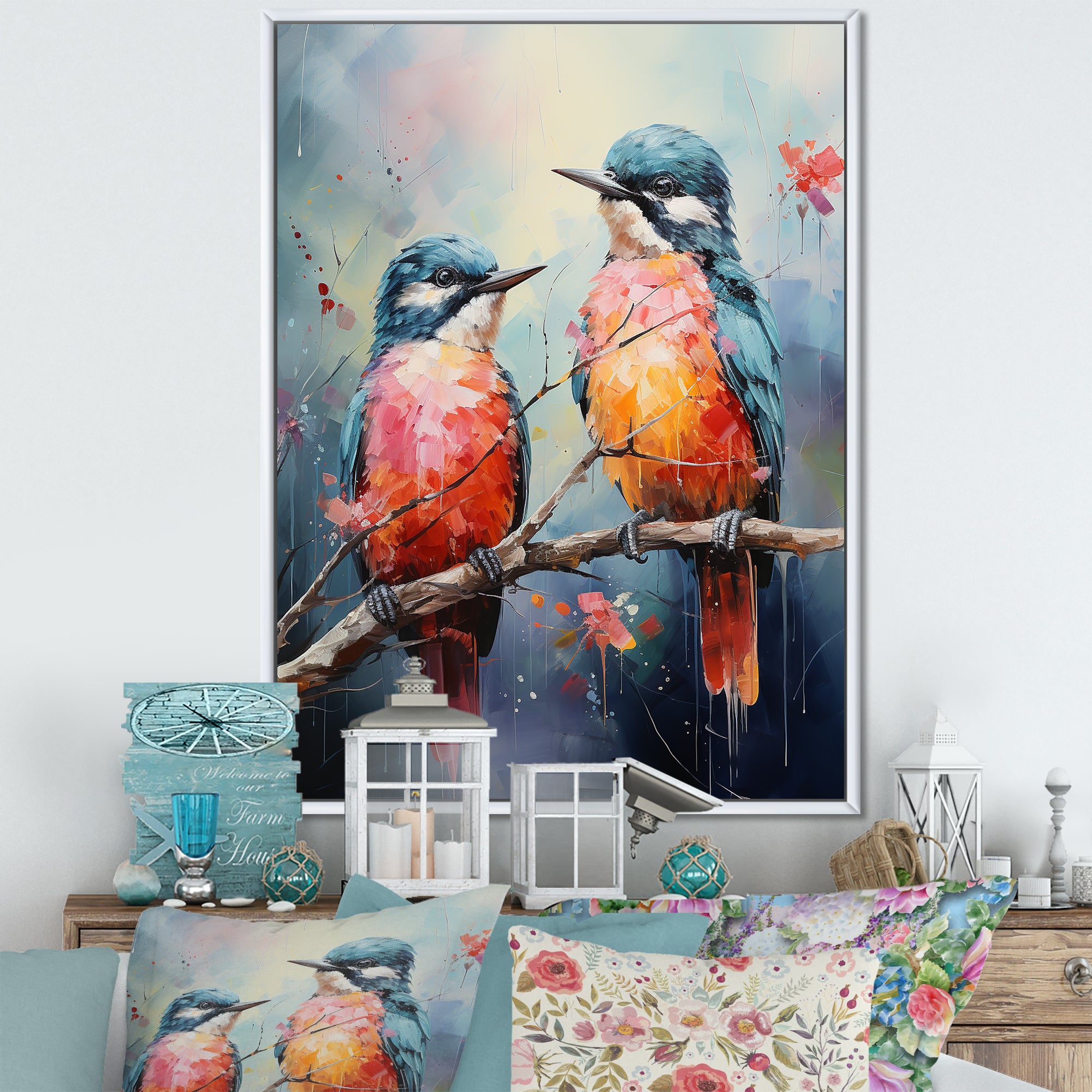 Blue And Coral Elegant Nature S Songbirds - Blue Bird Wall Art