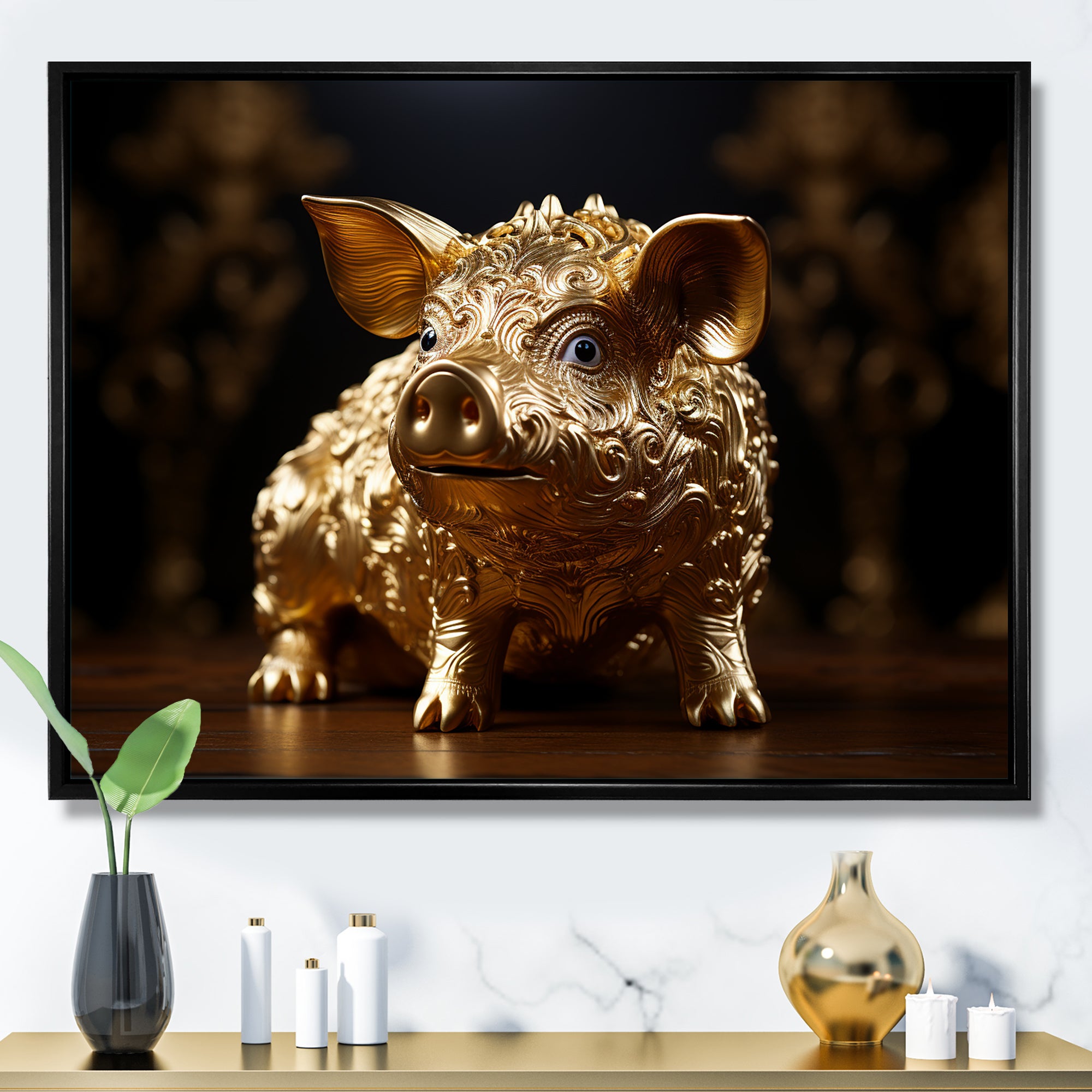 Golden Gilded Swine - Pig Canvas Wall Art