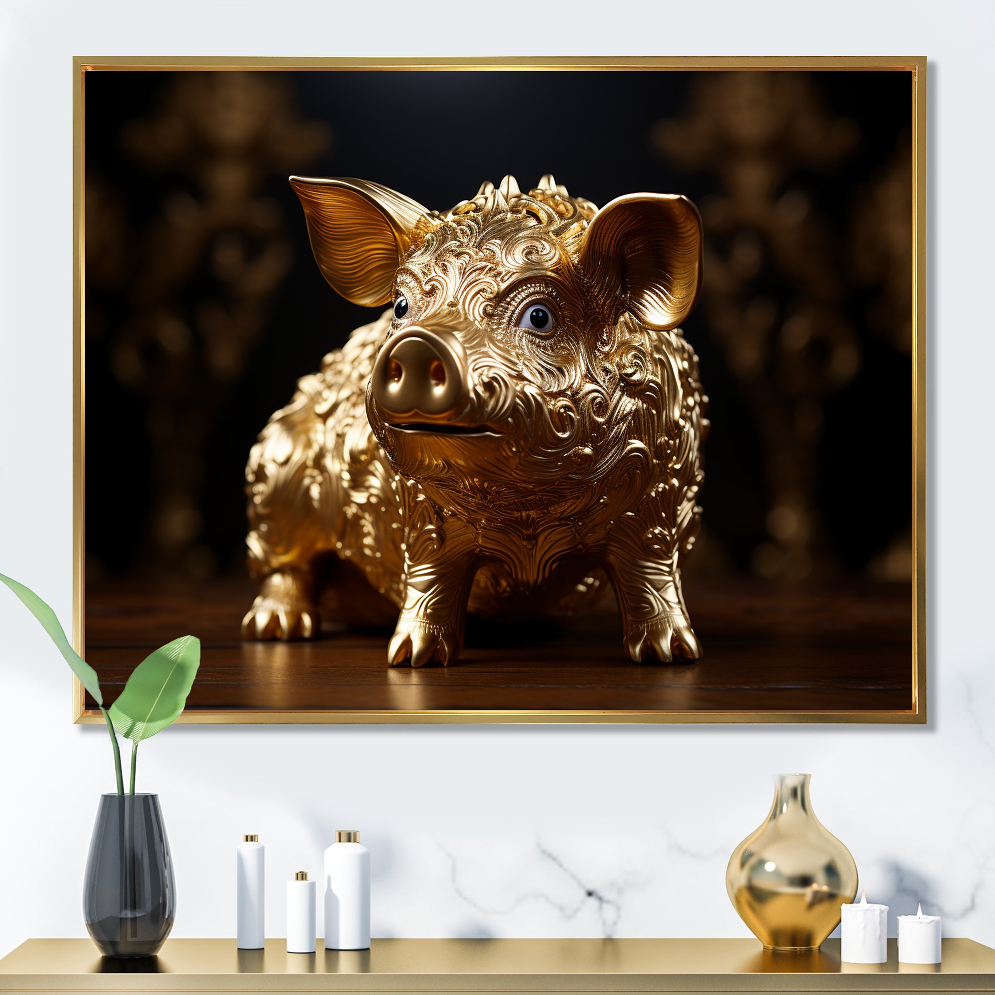 Golden Gilded Swine - Pig Canvas Wall Art