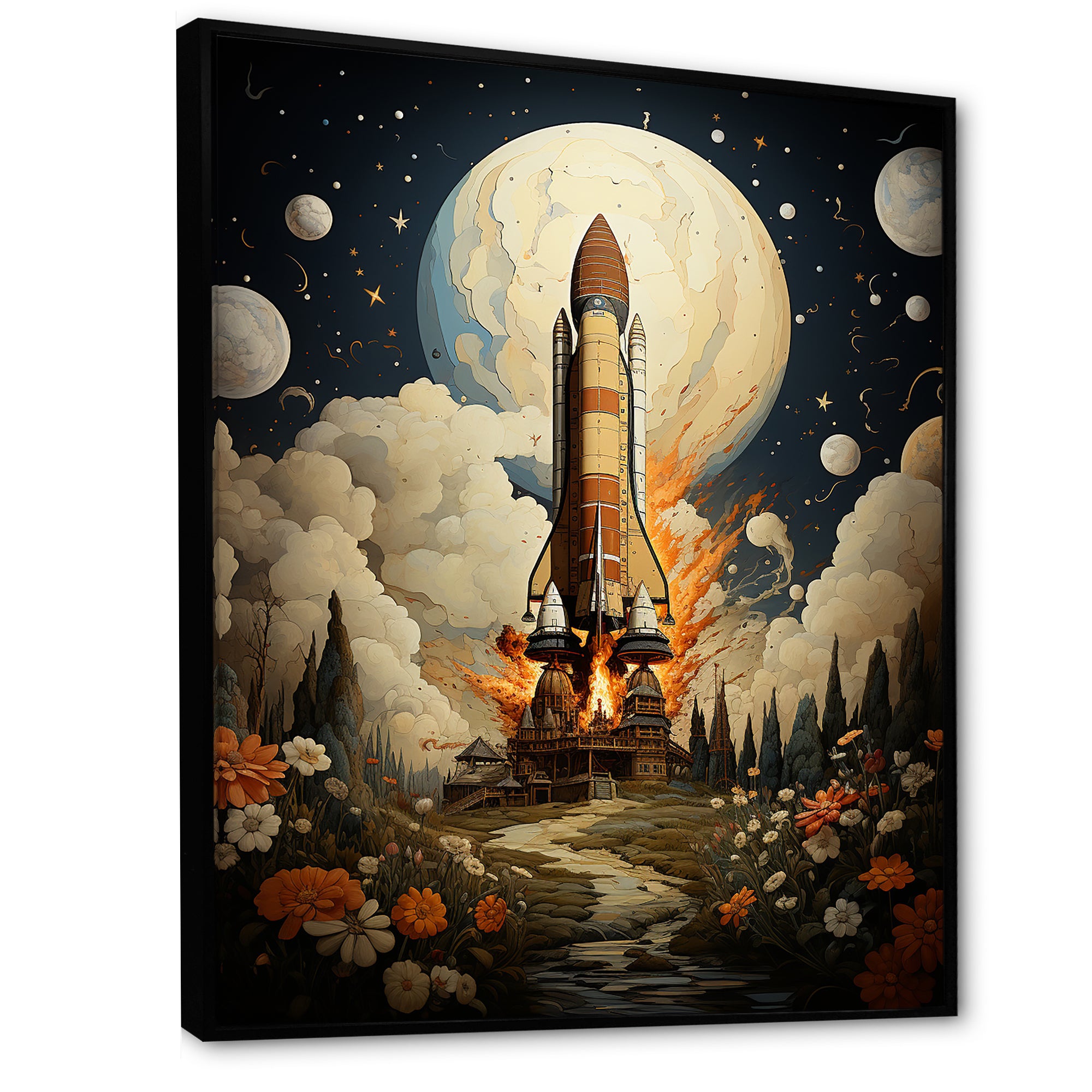 Vintage Impressionist Cosmic Rocket Ship Voyage - Rocketship Canvas Wall Art