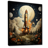 Vintage Impressionist Cosmic Rocket Ship Voyage - Rocketship Canvas Wall Art