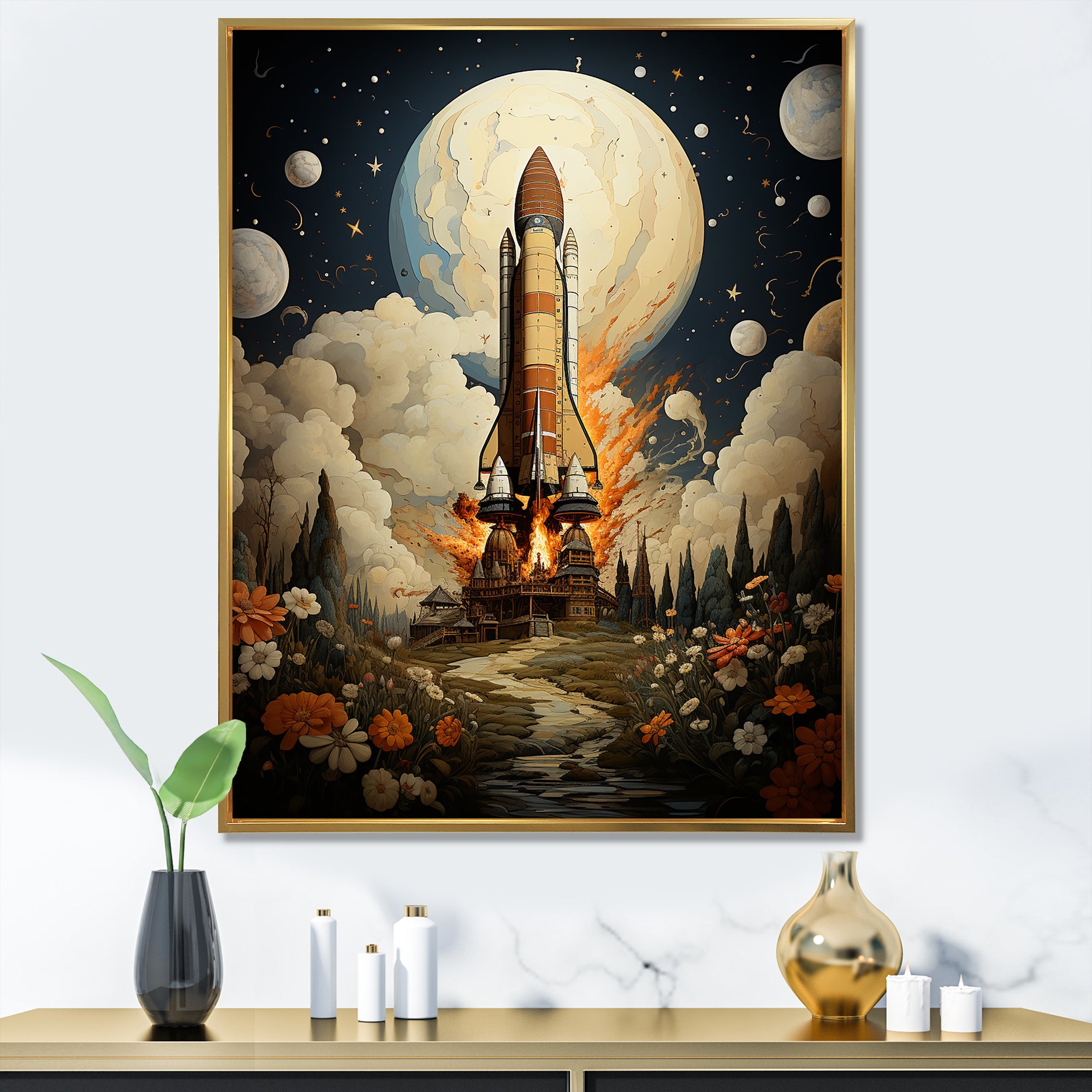 Vintage Impressionist Cosmic Rocket Ship Voyage - Rocketship Canvas Wall Art
