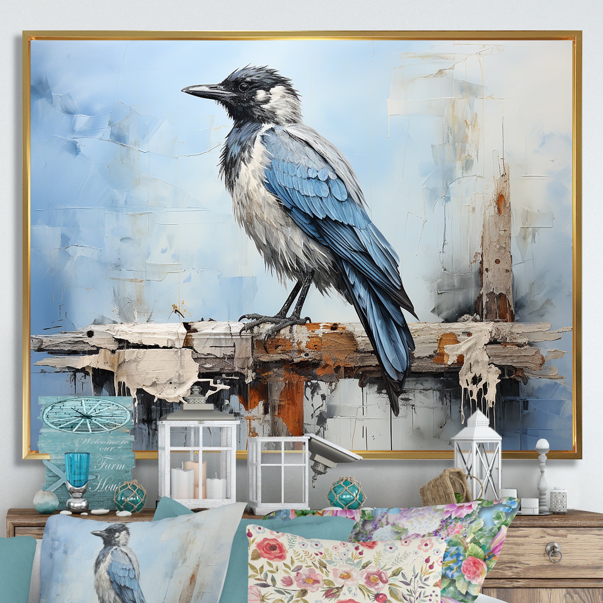 Grey And Blue Majestic Bird - Bird Framed Canvas Art
