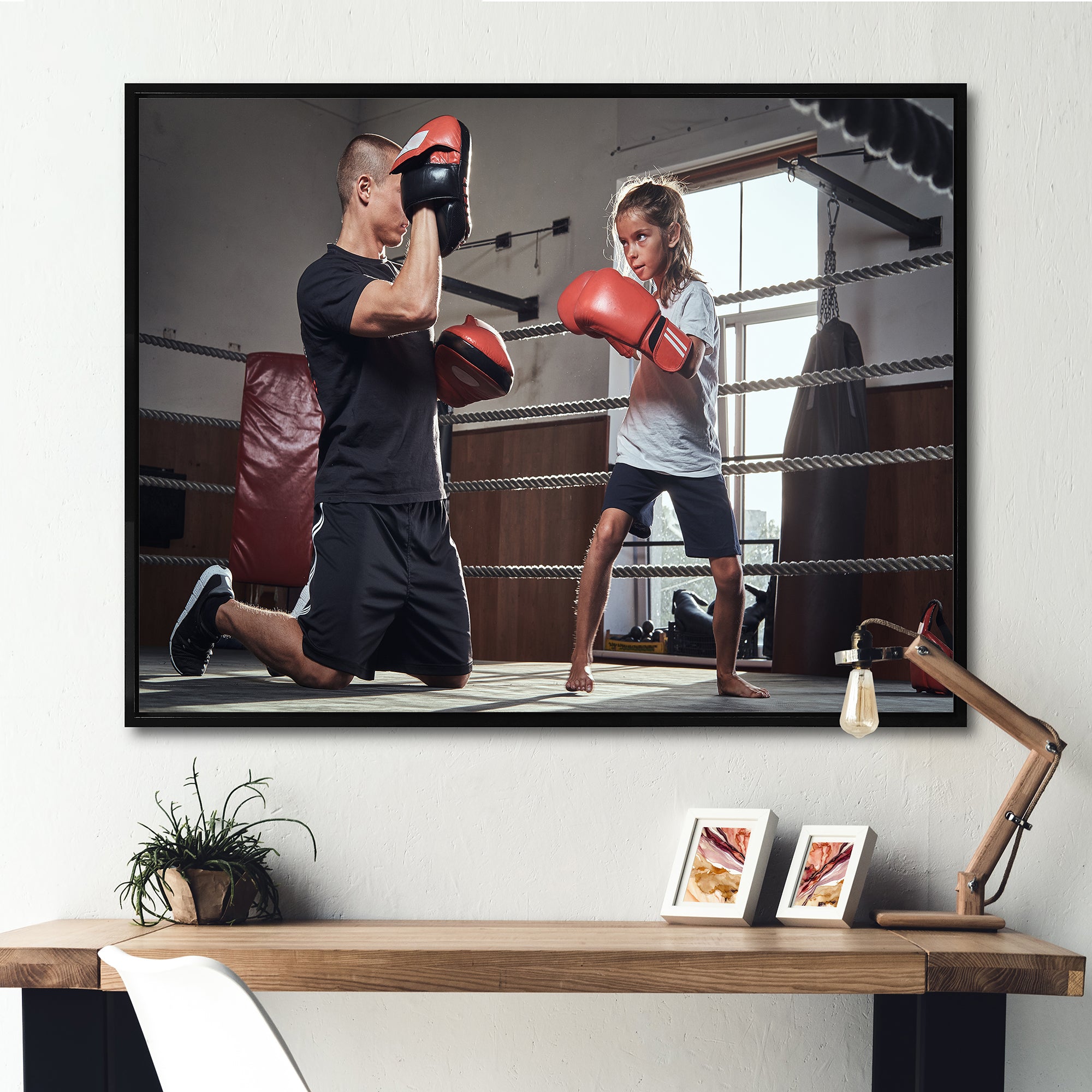 Young Trainer Training A Little Girl Boxer - Sport Boxer Canvas Wall Art