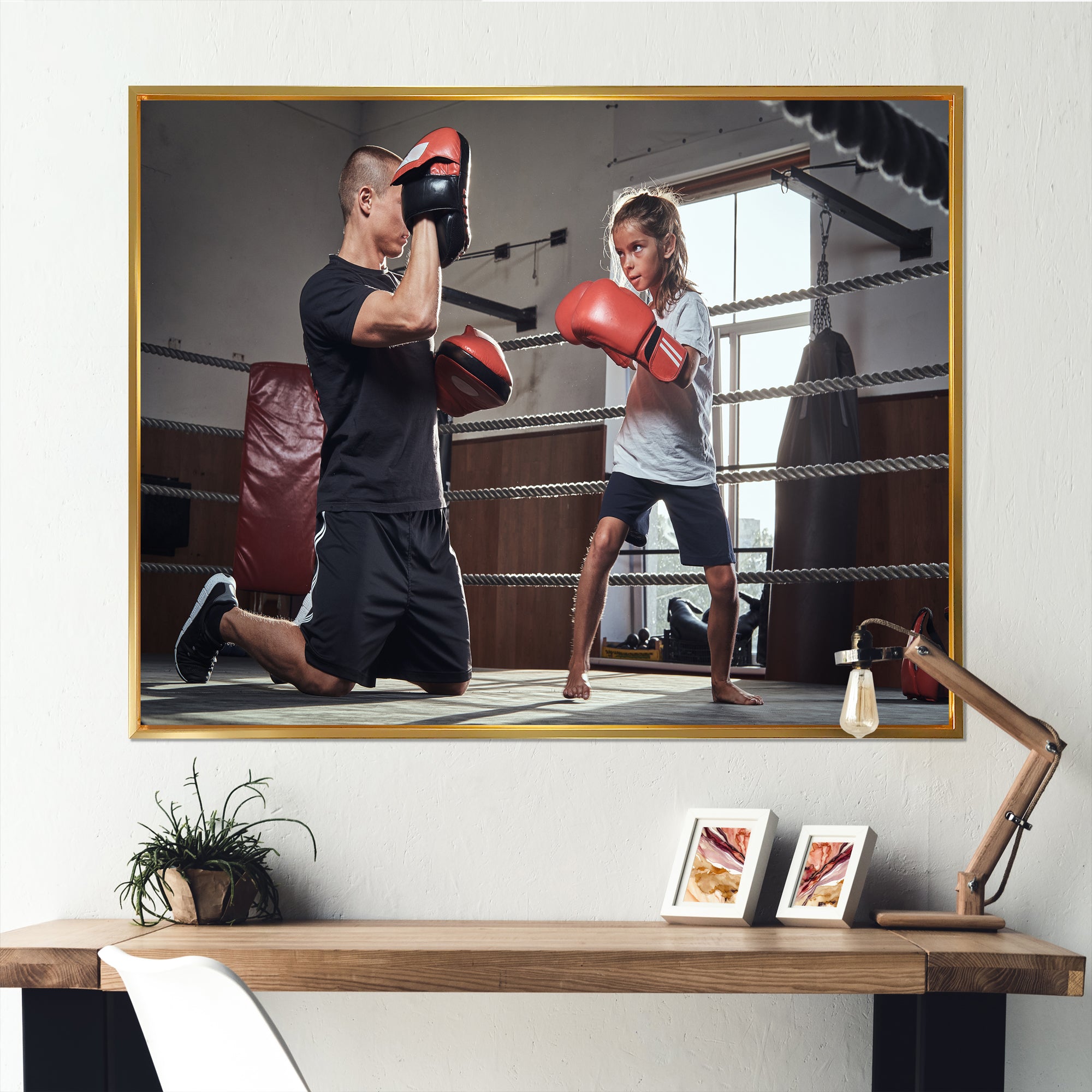 Young Trainer Training A Little Girl Boxer - Sport Boxer Canvas Wall Art