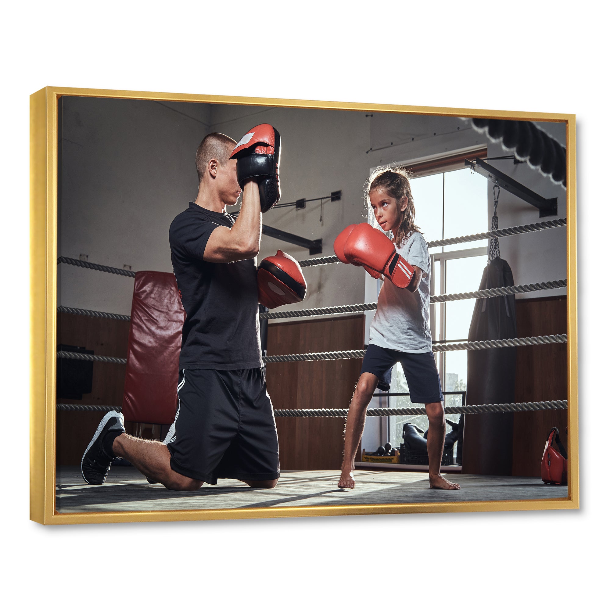 Young Trainer Training A Little Girl Boxer - Sport Boxer Canvas Wall Art