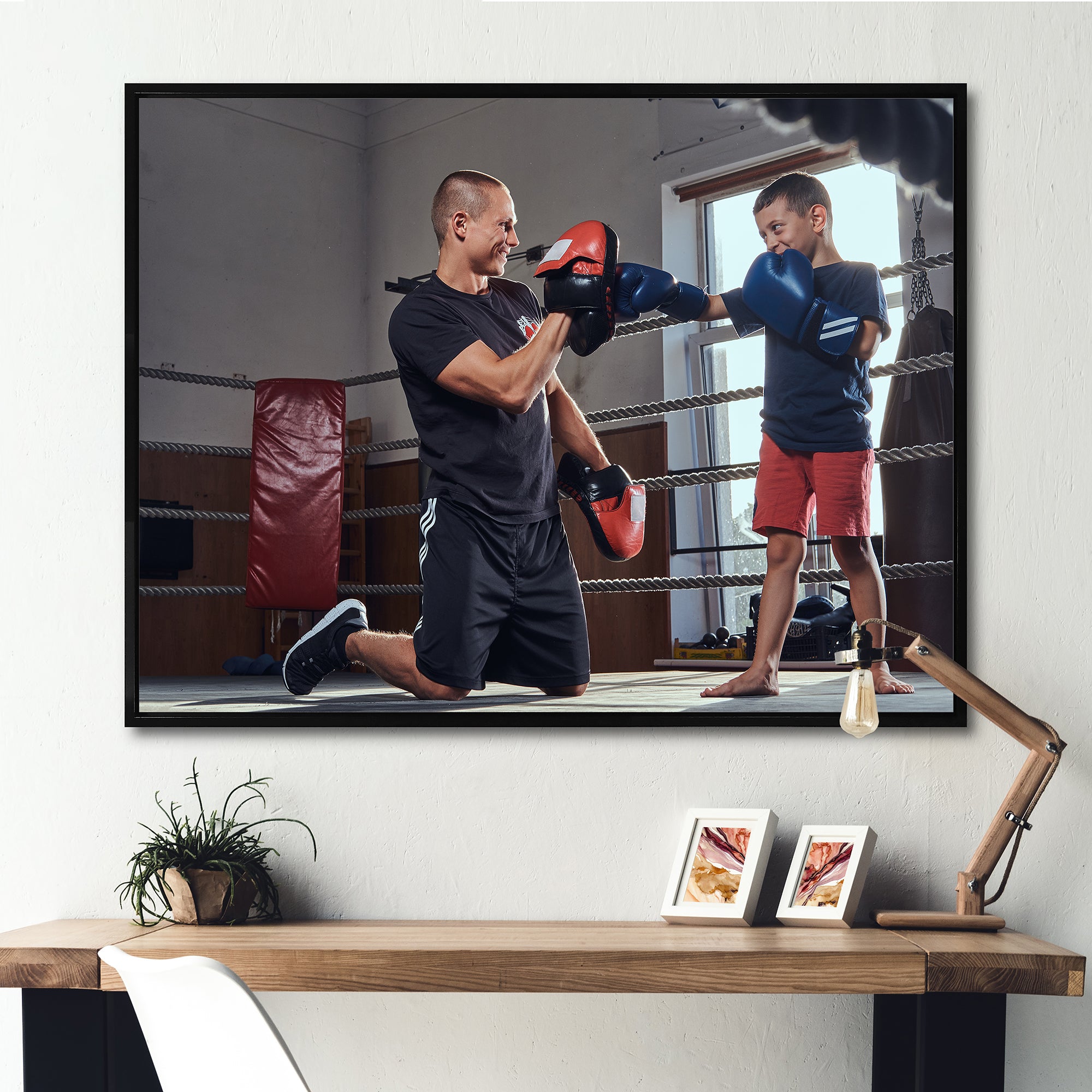 Young Trainer Training A Little Boy Boxer - Sport Boxer Canvas Wall Art